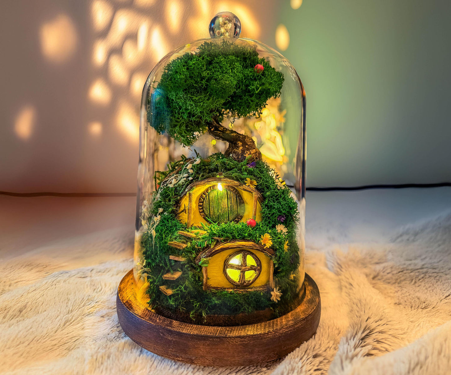 Hobbit House Terrarium in Glass Dome: Handmade Fairy House With Lights, Light Up Terrarium Kit, Cottagecore Decor, mossartbyrishstudio