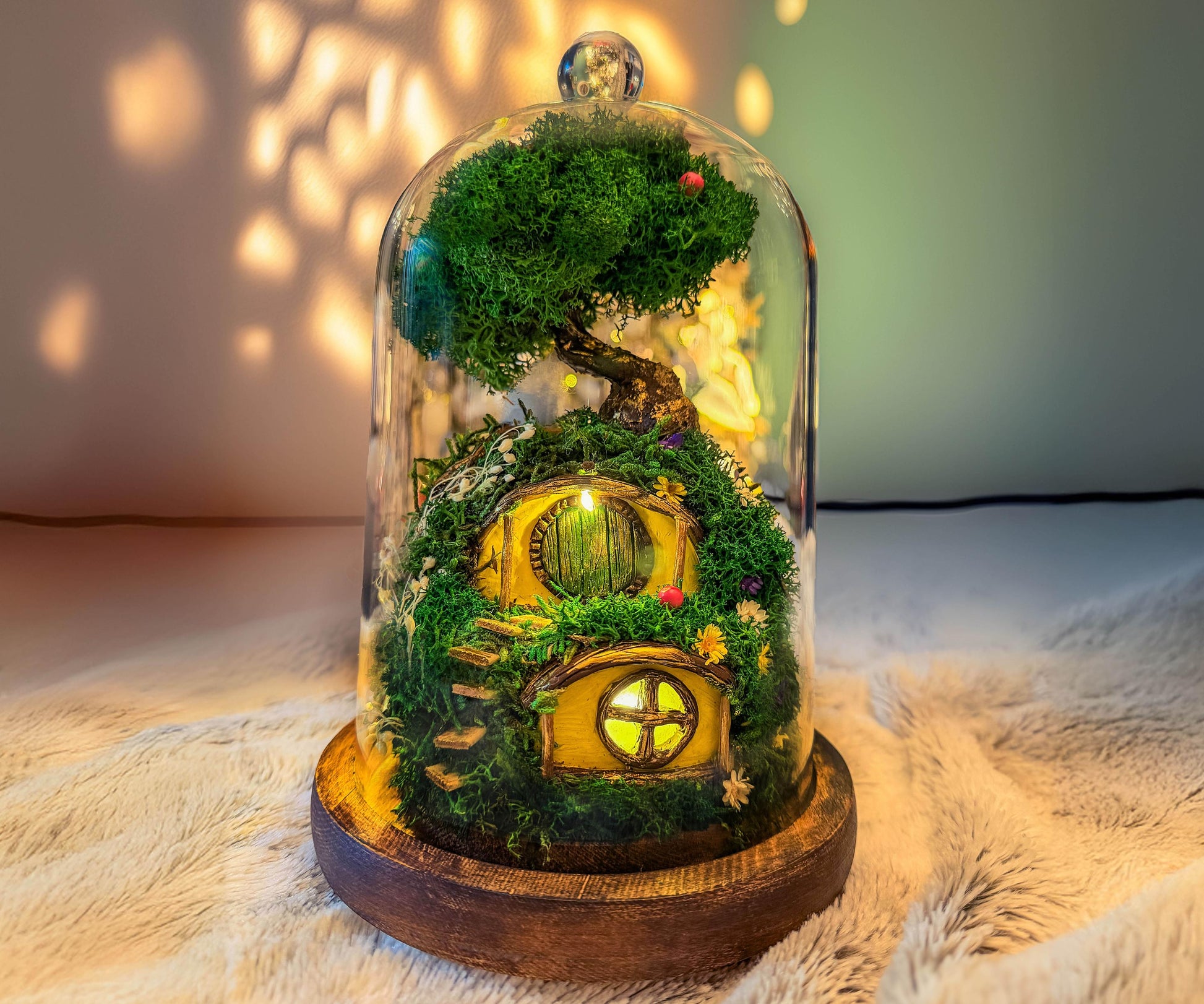 Hobbit House Terrarium in Glass Dome: Handmade Fairy House With Lights, Light Up Terrarium Kit, Cottagecore Decor, mossartbyrishstudio