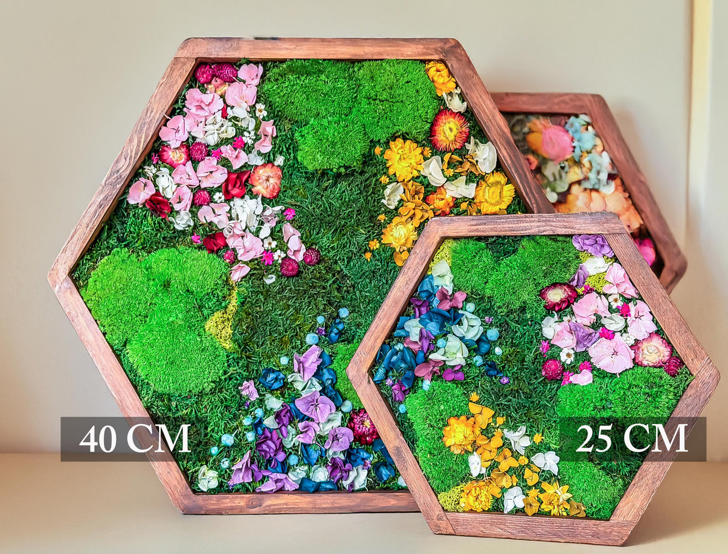 Hexagonal Moss Wall Art Set – Handmade Moss Decor with flowers & Preserved Greenery Panels for Home & Office mossartbyrishstudio