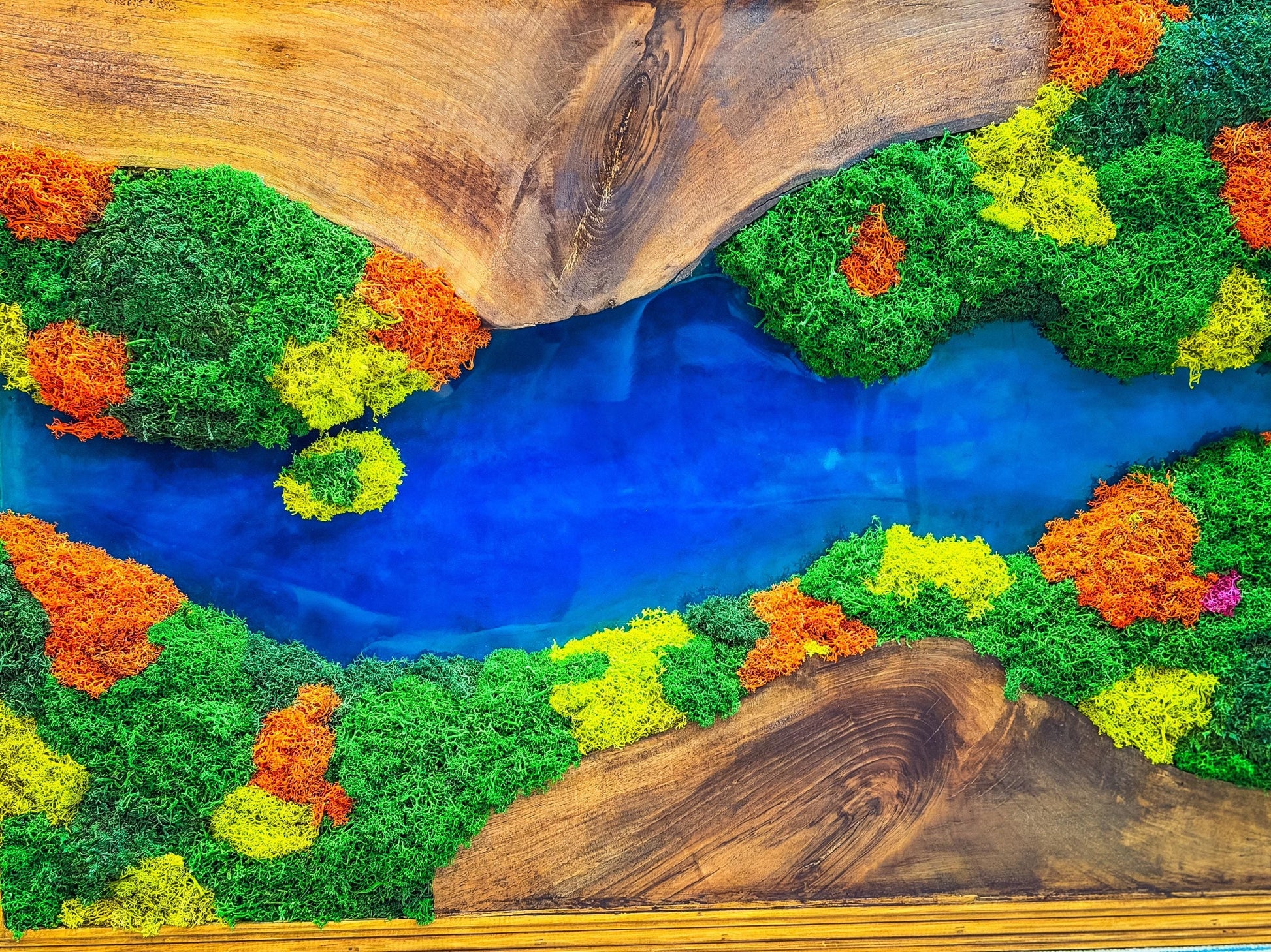 Olive Wood & Blue Resin Moss Wall Art: Handmade 3D Preserved Moss Decor, Eco-Friendly Custom Moss Panel mossartbyrishstudio