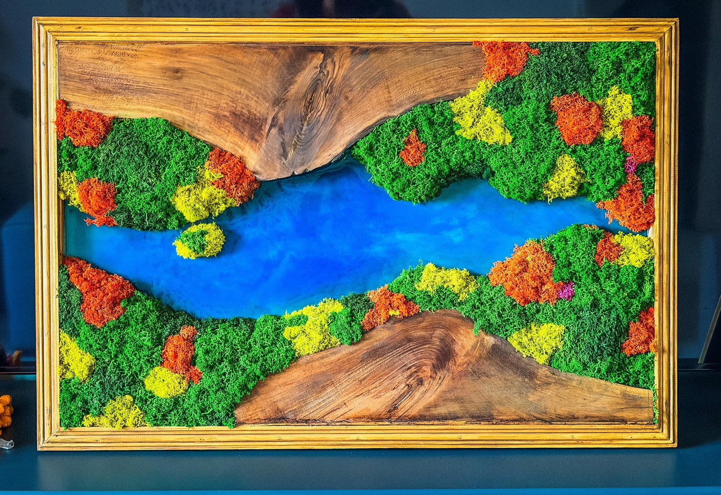 Olive Wood & Blue Resin Moss Wall Art: Handmade 3D Preserved Moss Decor, Eco-Friendly Custom Moss Panel mossartbyrishstudio