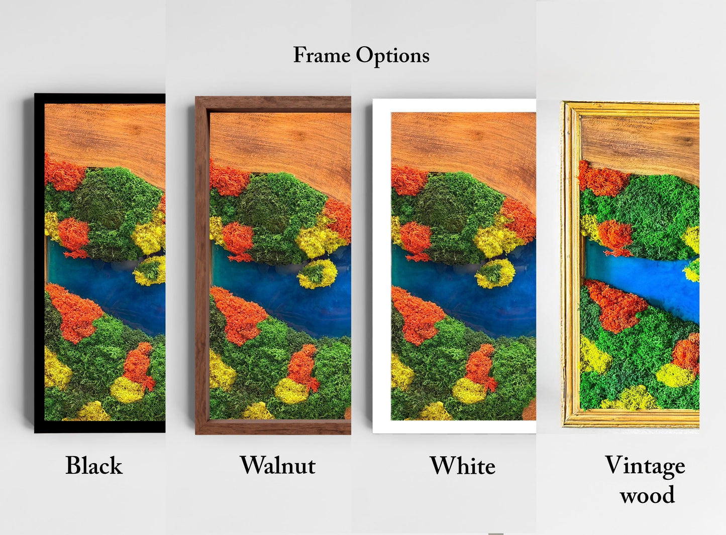 Olive Wood & Blue Resin Moss Wall Art: Handmade 3D Preserved Moss Decor, Eco-Friendly Custom Moss Panel mossartbyrishstudio