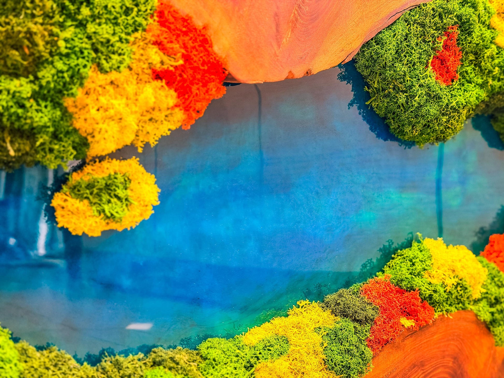 Olive Wood & Blue Resin Moss Wall Art: Handmade 3D Preserved Moss Decor, Eco-Friendly Custom Moss Panel mossartbyrishstudio