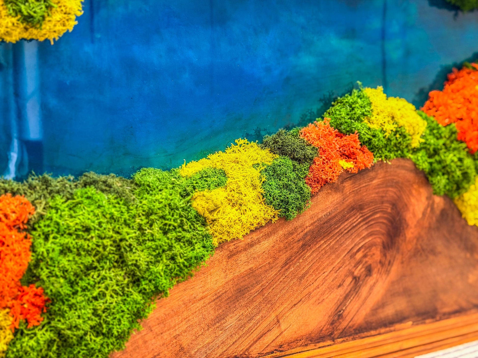 Olive Wood & Blue Resin Moss Wall Art: Handmade 3D Preserved Moss Decor, Eco-Friendly Custom Moss Panel mossartbyrishstudio