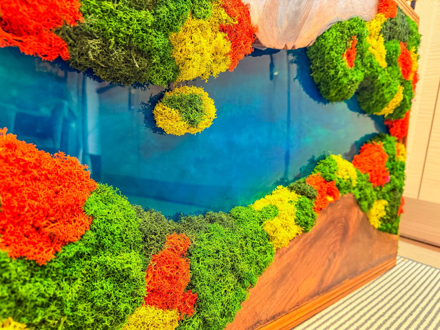 Olive Wood & Blue Resin Moss Wall Art: Handmade 3D Preserved Moss Decor, Eco-Friendly Custom Moss Panel mossartbyrishstudio