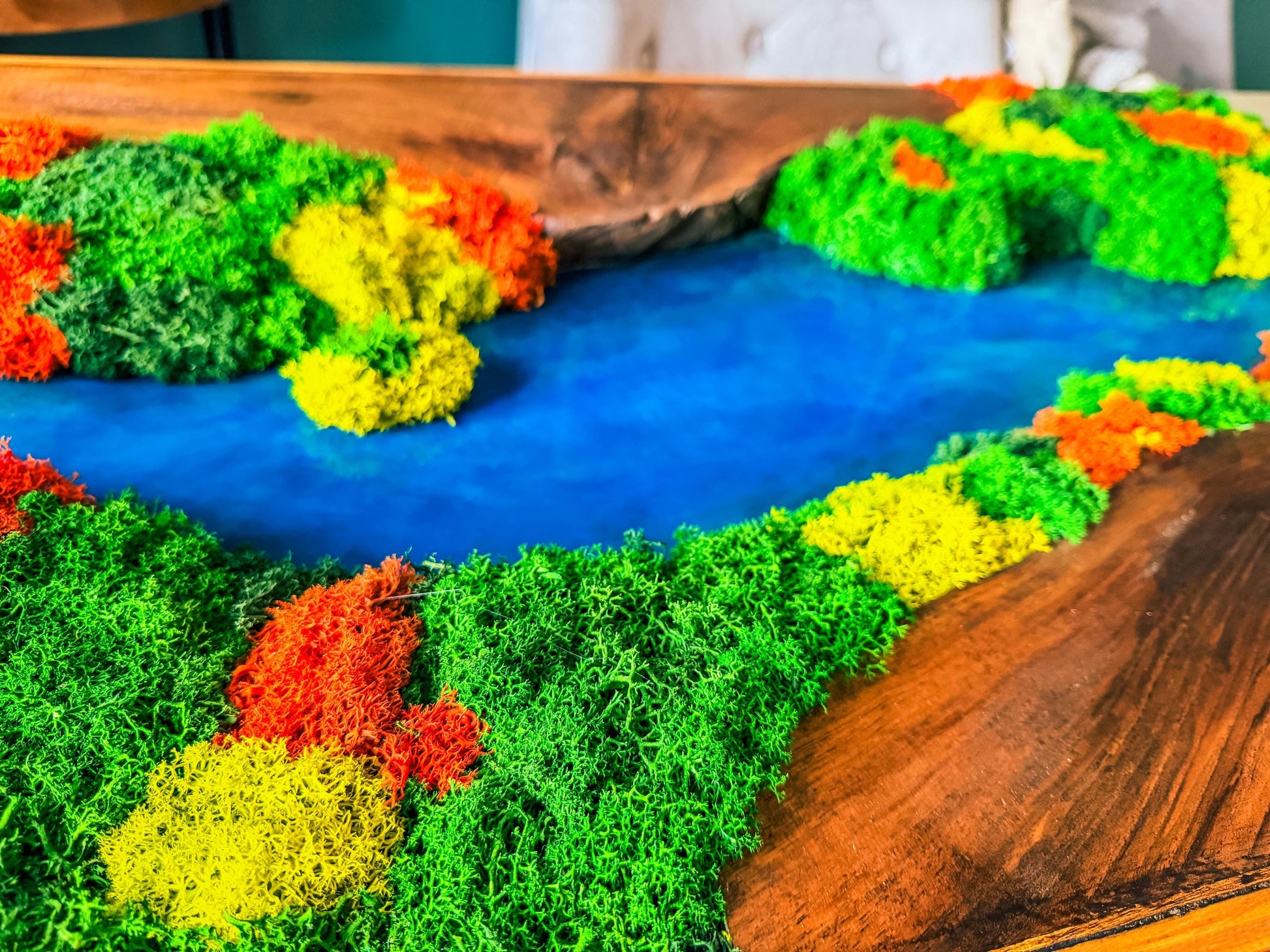 Olive Wood & Blue Resin Moss Wall Art: Handmade 3D Preserved Moss Decor, Eco-Friendly Custom Moss Panel mossartbyrishstudio