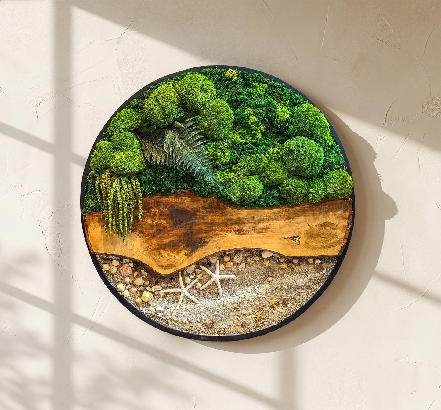 Circular Preserved Moss and Wood Wall Art with Seashells, Real plant wall decor, mossartbyrishstudio