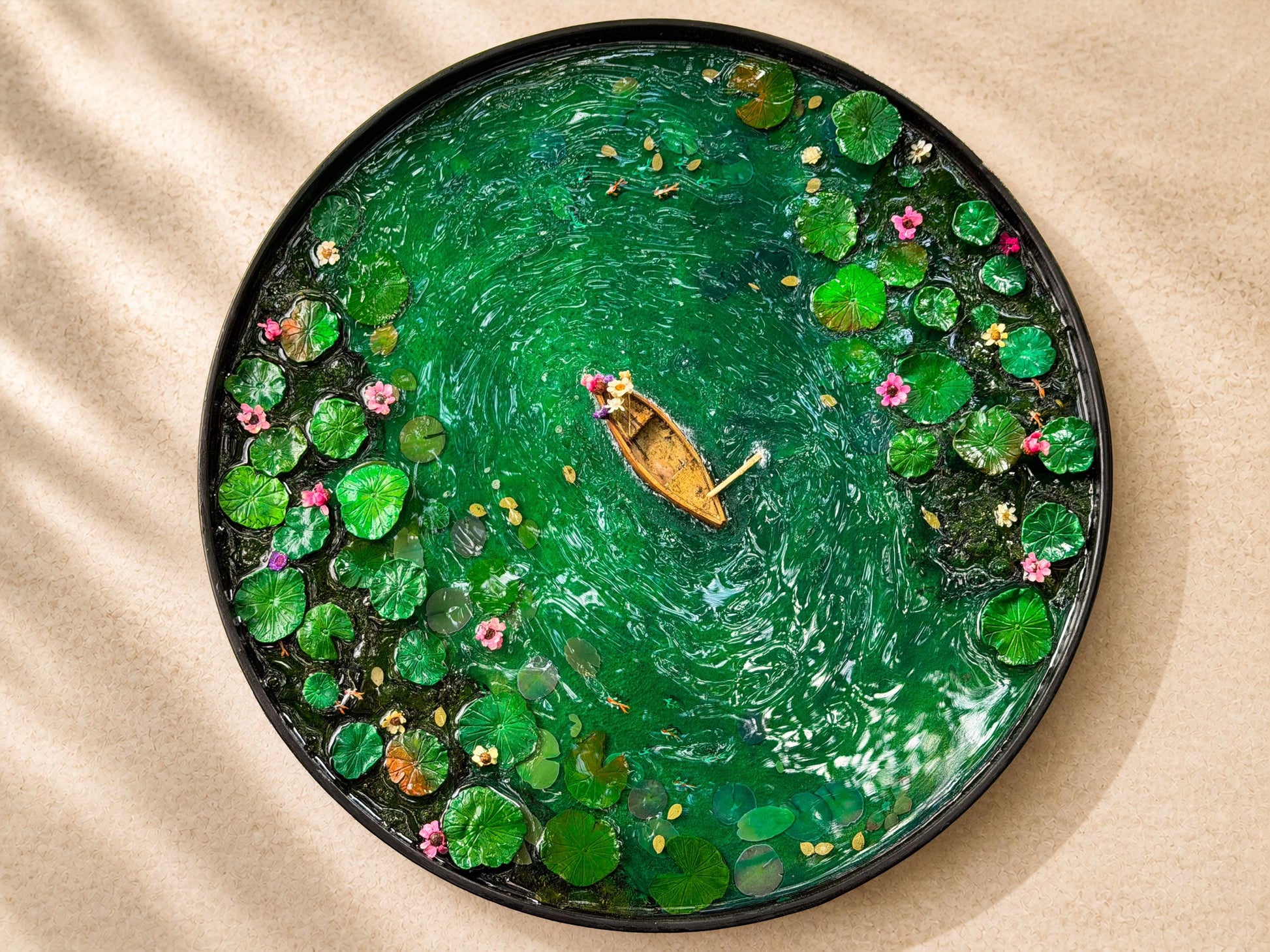 Handcrafted Resin Pond Art, Koi Fish, Lily Pads, Cork Boat (40cm x 40cm) mossartbyrishstudio