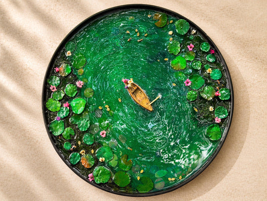 Handcrafted Resin Pond Art, Koi Fish, Lily Pads, Cork Boat (40cm x 40cm) mossartbyrishstudio