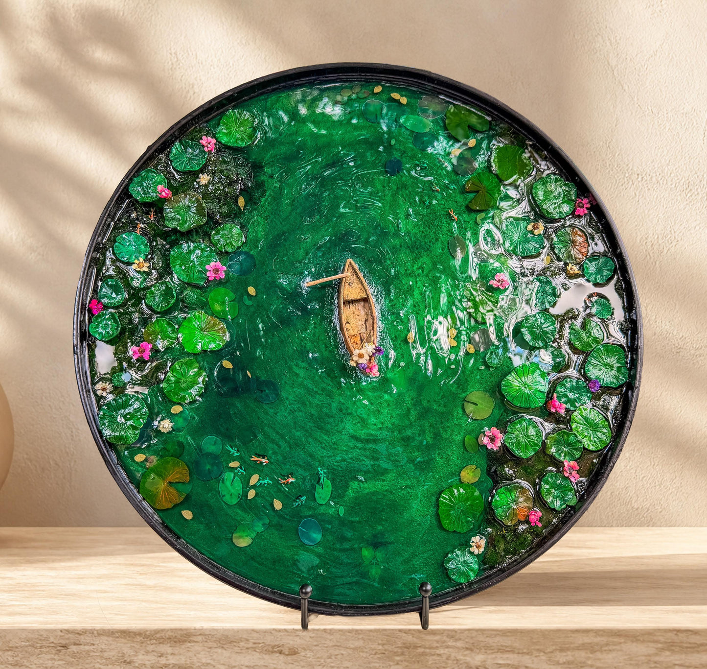 Handcrafted Resin Pond Art, Koi Fish, Lily Pads, Cork Boat (40cm x 40cm) mossartbyrishstudio
