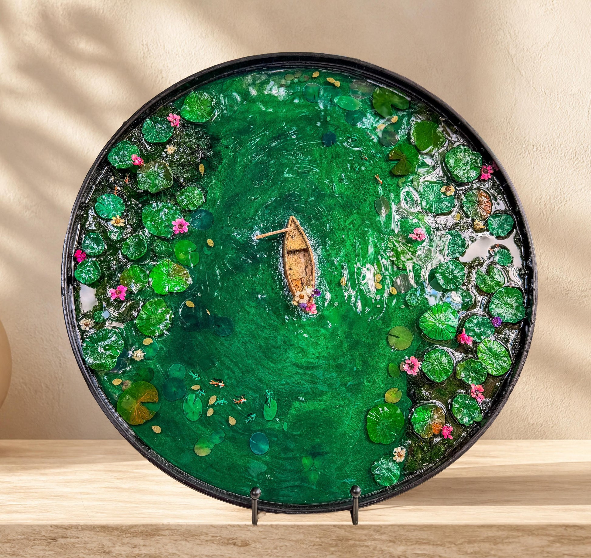 Handcrafted Resin Pond Art, Koi Fish, Lily Pads, Cork Boat (40cm x 40cm) mossartbyrishstudio