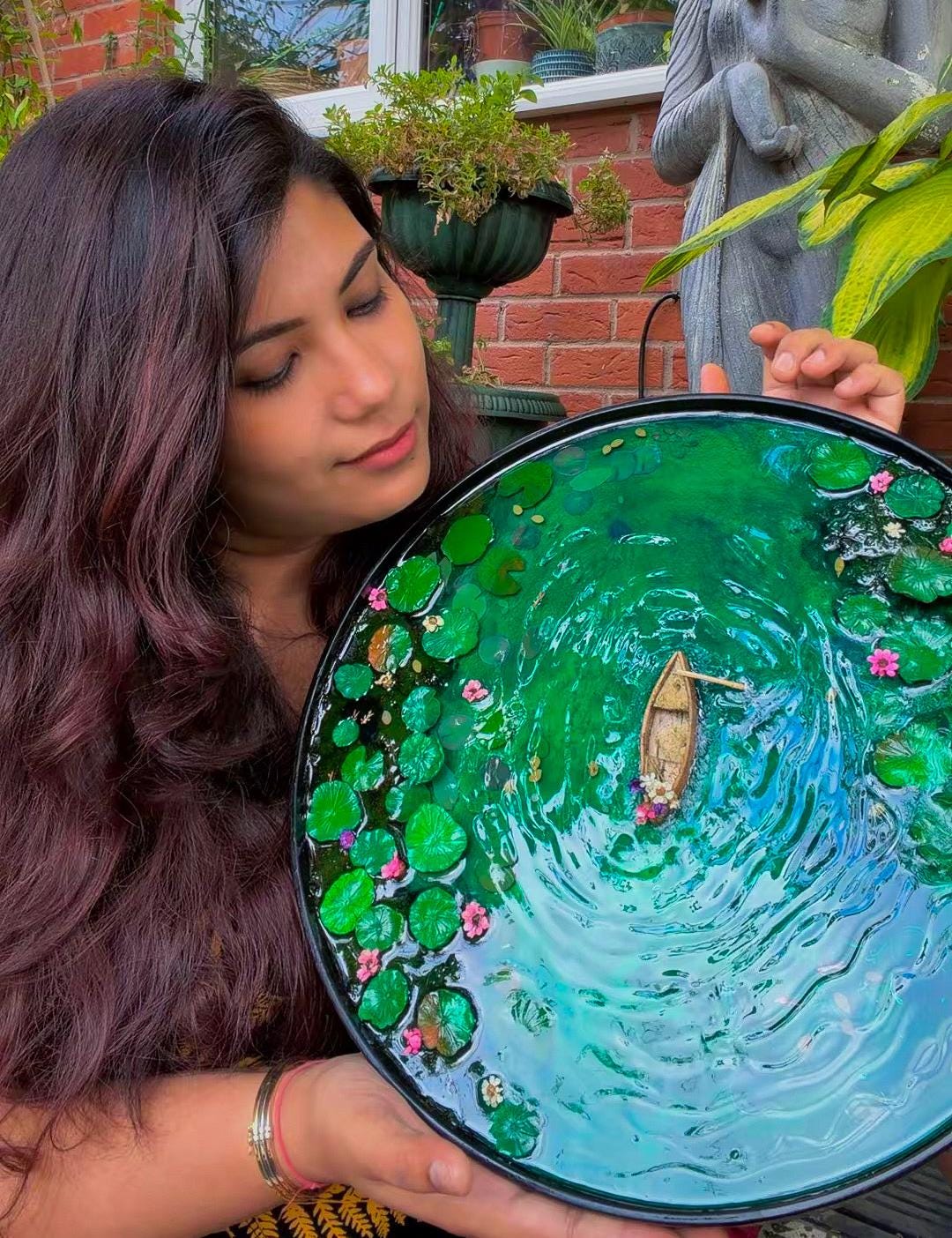 Handcrafted Resin Pond Art, Koi Fish, Lily Pads, Cork Boat (40cm x 40cm) mossartbyrishstudio