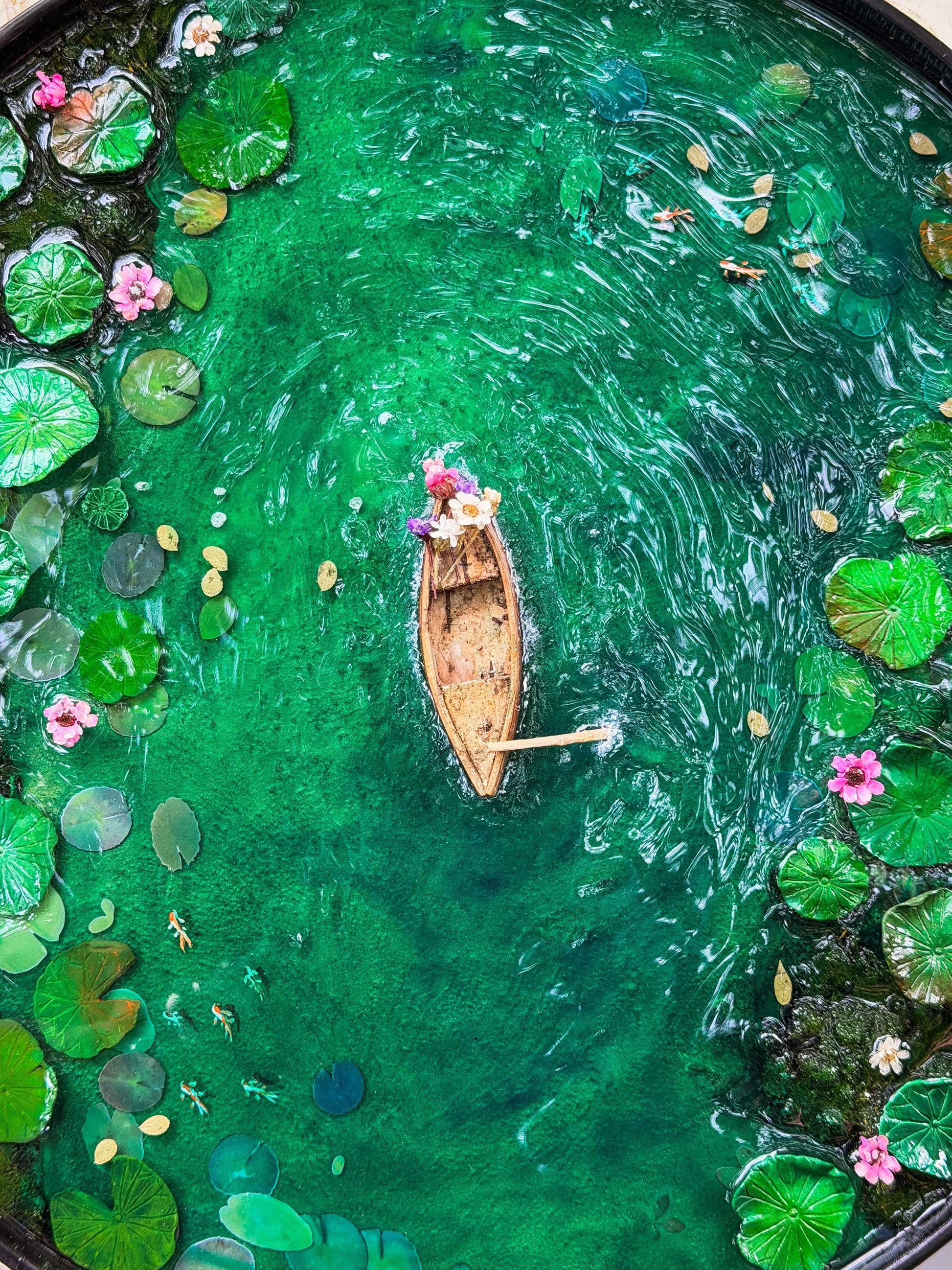 Handcrafted Resin Pond Art, Koi Fish, Lily Pads, Cork Boat (40cm x 40cm) mossartbyrishstudio