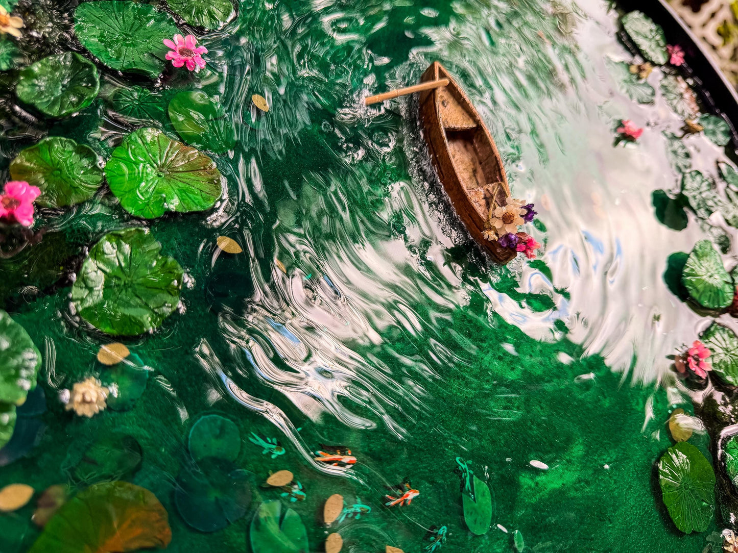 Handcrafted Resin Pond Art, Koi Fish, Lily Pads, Cork Boat (40cm x 40cm) mossartbyrishstudio