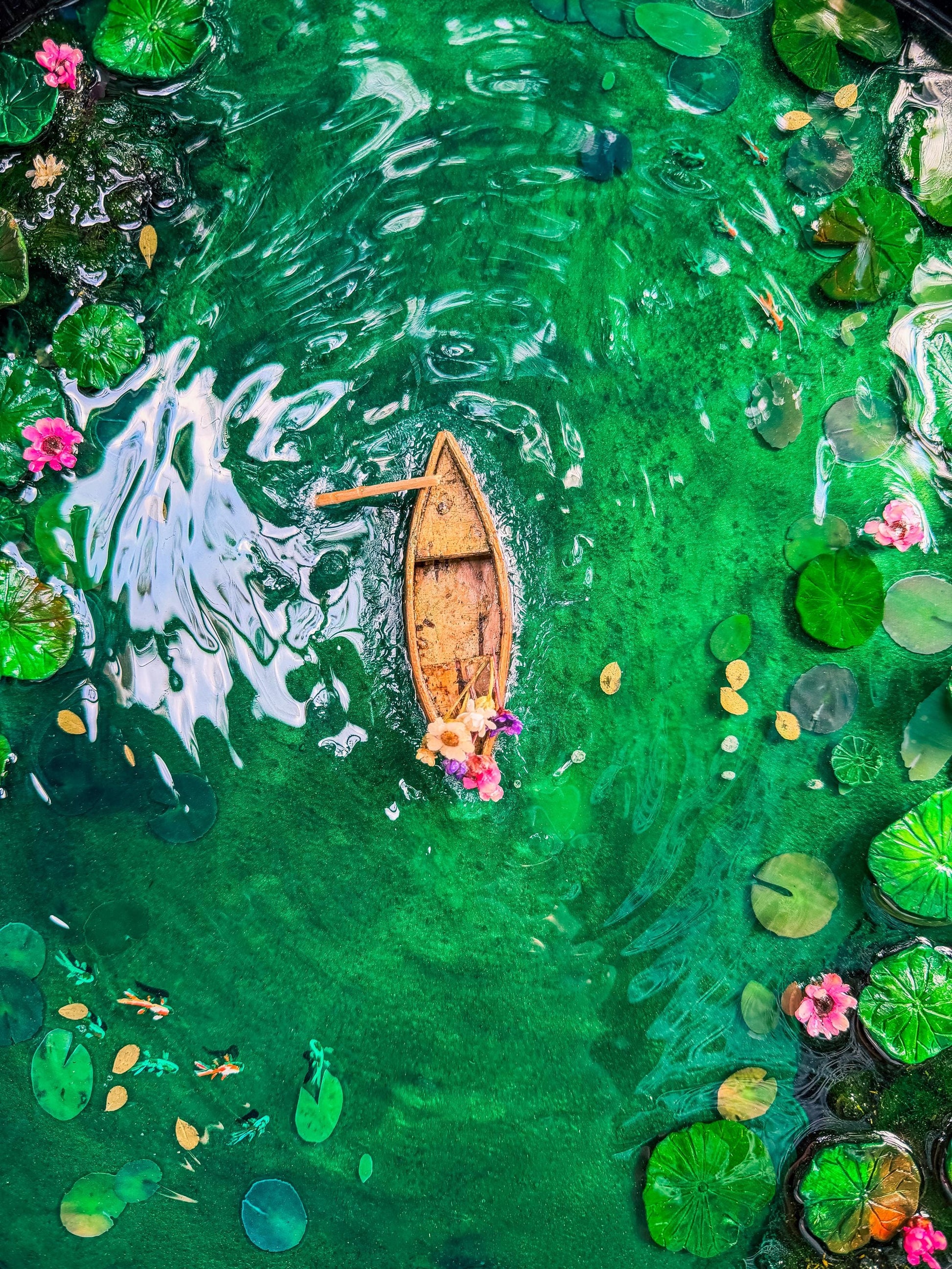Handcrafted Resin Pond Art, Koi Fish, Lily Pads, Cork Boat (40cm x 40cm) mossartbyrishstudio