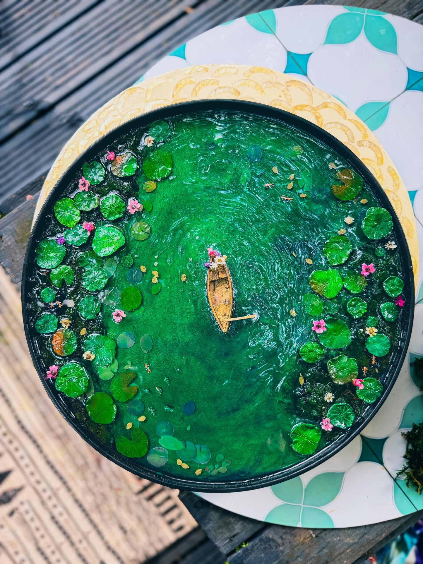 Handcrafted Resin Pond Art, Koi Fish, Lily Pads, Cork Boat (40cm x 40cm) mossartbyrishstudio
