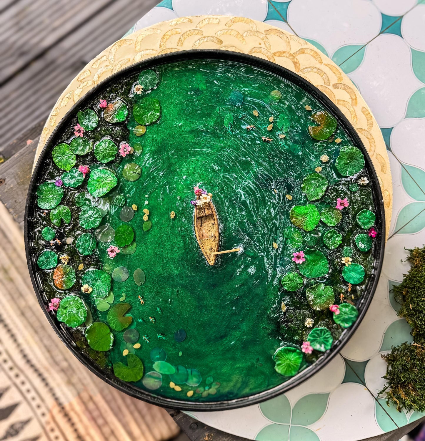 Handcrafted Resin Pond Art, Koi Fish, Lily Pads, Cork Boat (40cm x 40cm) mossartbyrishstudio