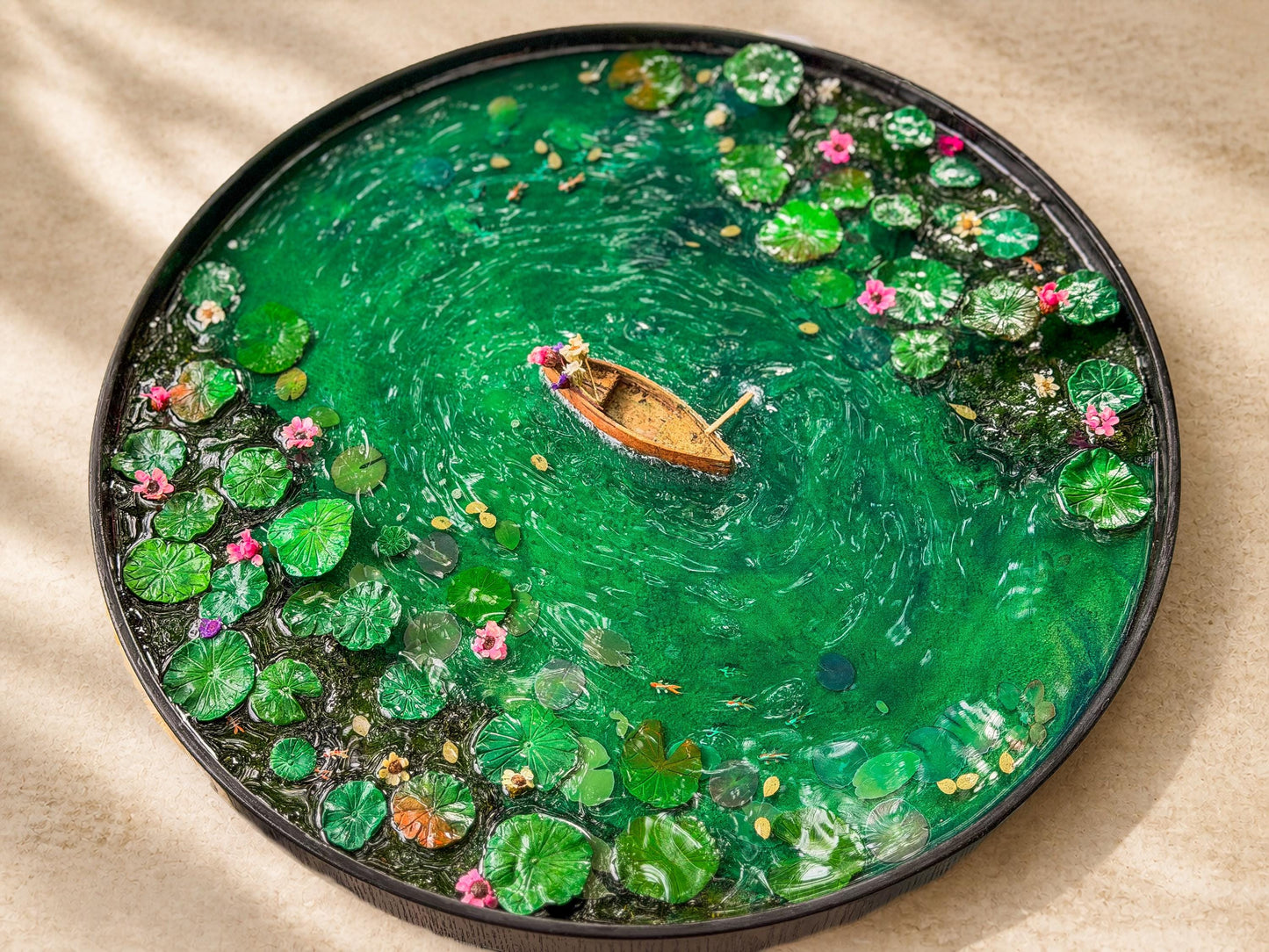 Handcrafted Resin Pond Art, Koi Fish, Lily Pads, Cork Boat (40cm x 40cm) mossartbyrishstudio