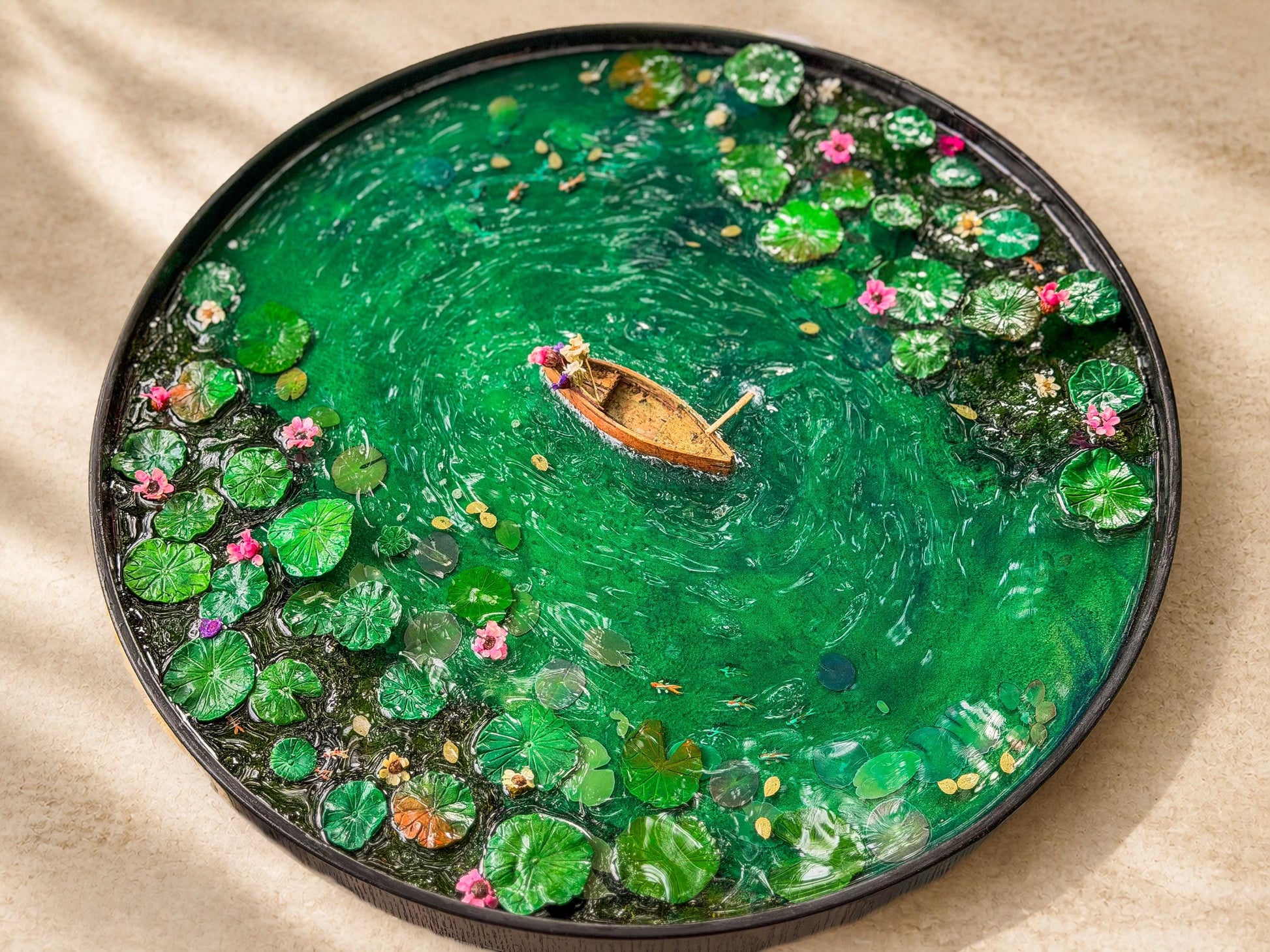 Handcrafted Resin Pond Art, Koi Fish, Lily Pads, Cork Boat (40cm x 40cm) mossartbyrishstudio