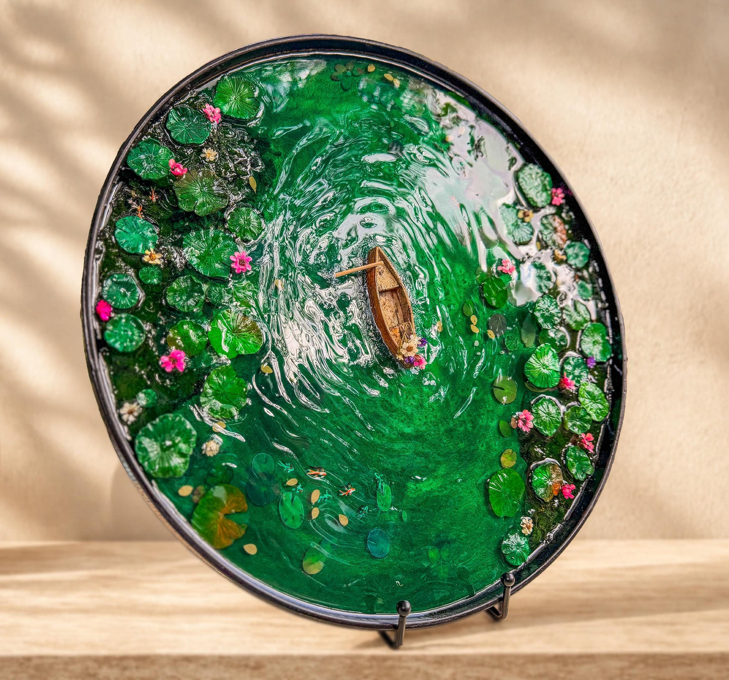 Handcrafted Resin Pond Art, Koi Fish, Lily Pads, Cork Boat (40cm x 40cm) mossartbyrishstudio