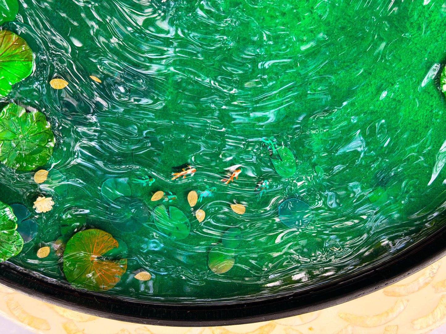 Handcrafted Resin Pond Art, Koi Fish, Lily Pads, Cork Boat (40cm x 40cm) mossartbyrishstudio