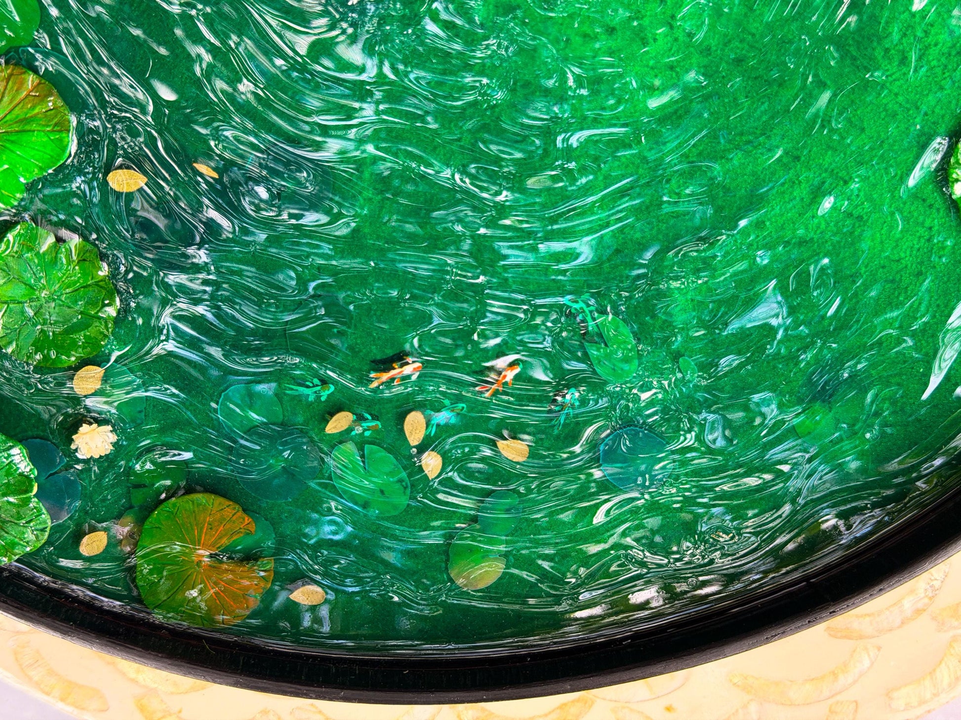 Handcrafted Resin Pond Art, Koi Fish, Lily Pads, Cork Boat (40cm x 40cm) mossartbyrishstudio