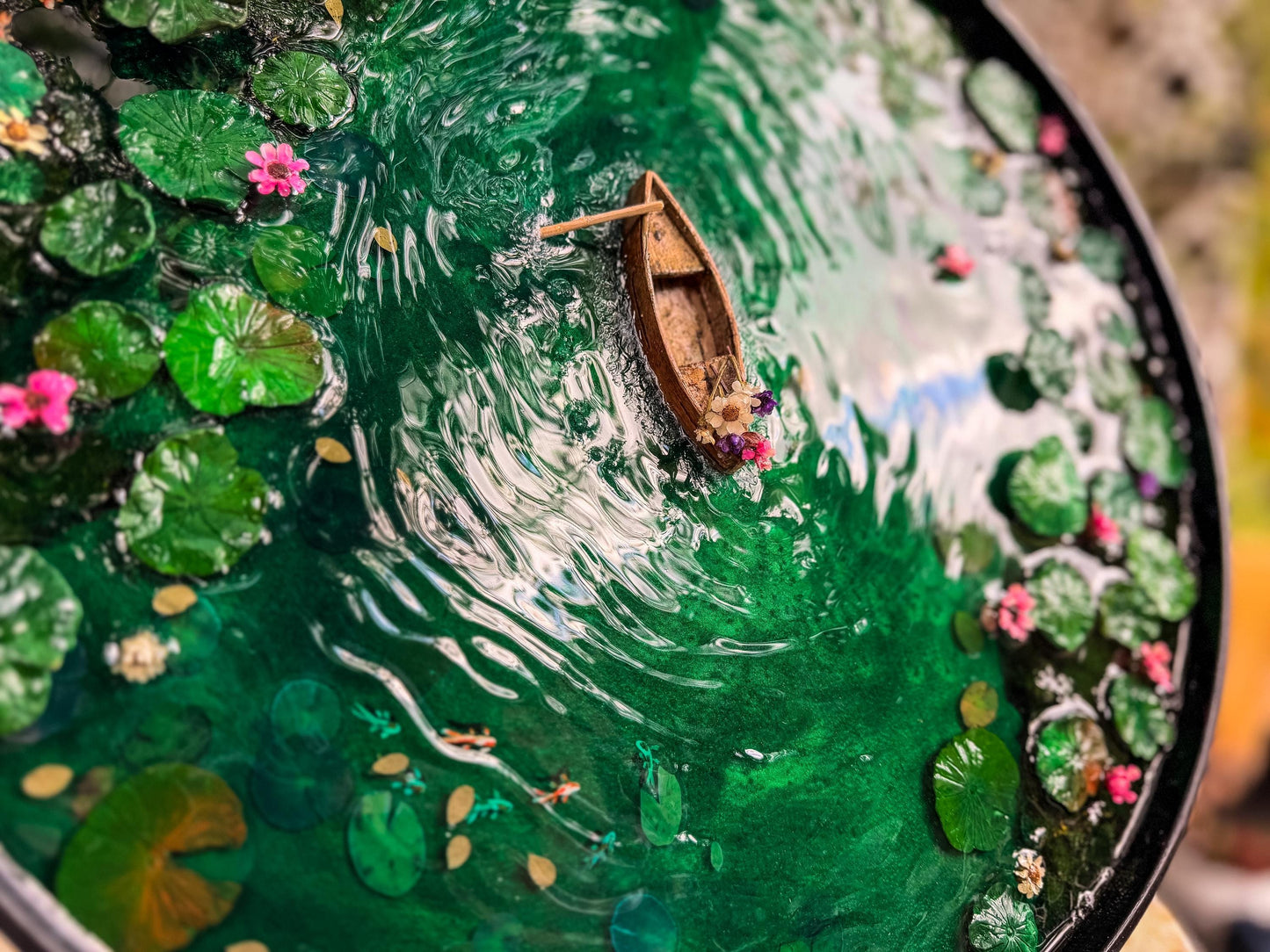 Handcrafted Resin Pond Art, Koi Fish, Lily Pads, Cork Boat (40cm x 40cm) mossartbyrishstudio