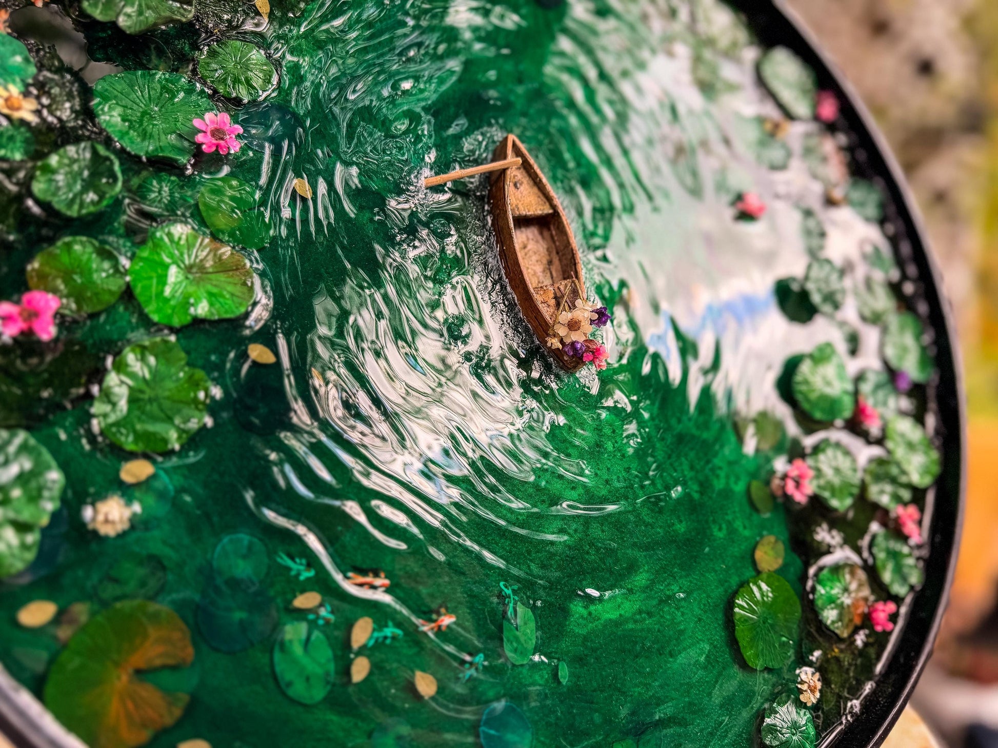 Handcrafted Resin Pond Art, Koi Fish, Lily Pads, Cork Boat (40cm x 40cm) mossartbyrishstudio