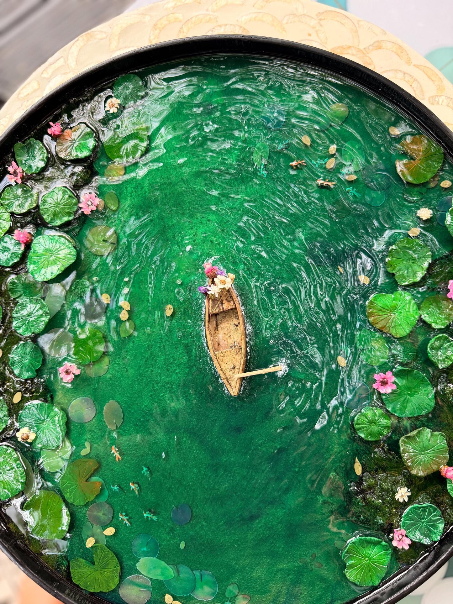 Handcrafted Resin Pond Art, Koi Fish, Lily Pads, Cork Boat (40cm x 40cm) mossartbyrishstudio