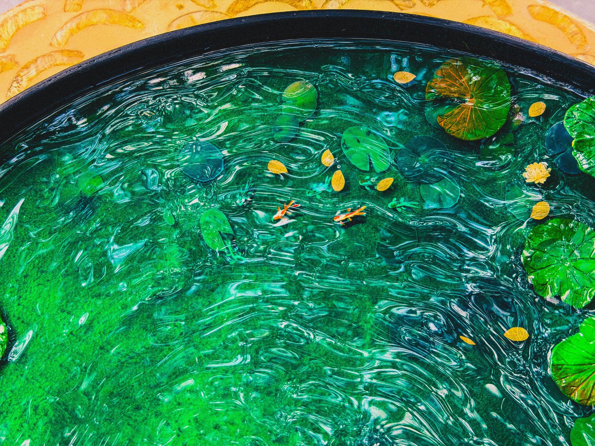 Handcrafted Resin Pond Art, Koi Fish, Lily Pads, Cork Boat (40cm x 40cm) mossartbyrishstudio
