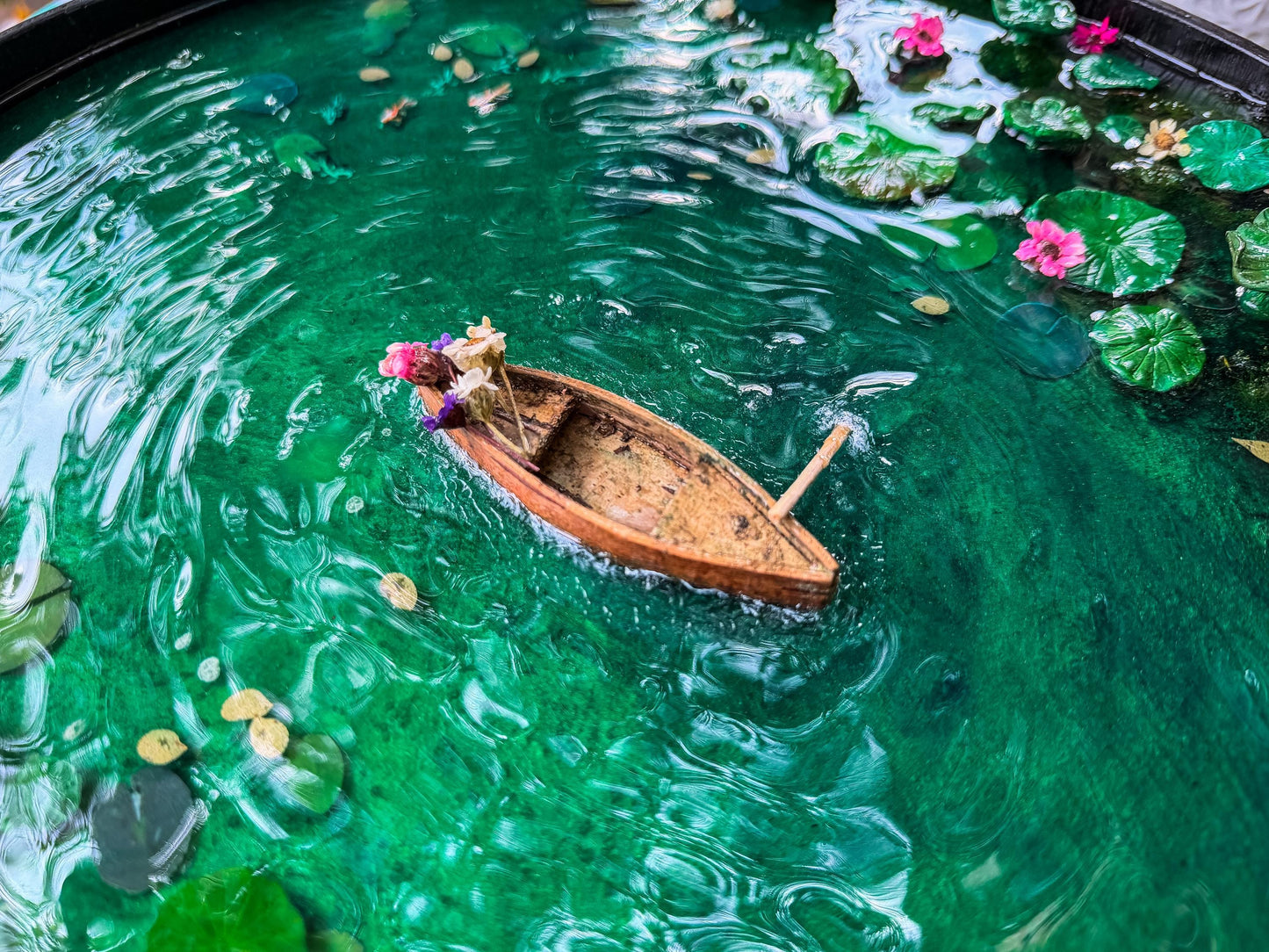 Handcrafted Resin Pond Art, Koi Fish, Lily Pads, Cork Boat (40cm x 40cm) mossartbyrishstudio