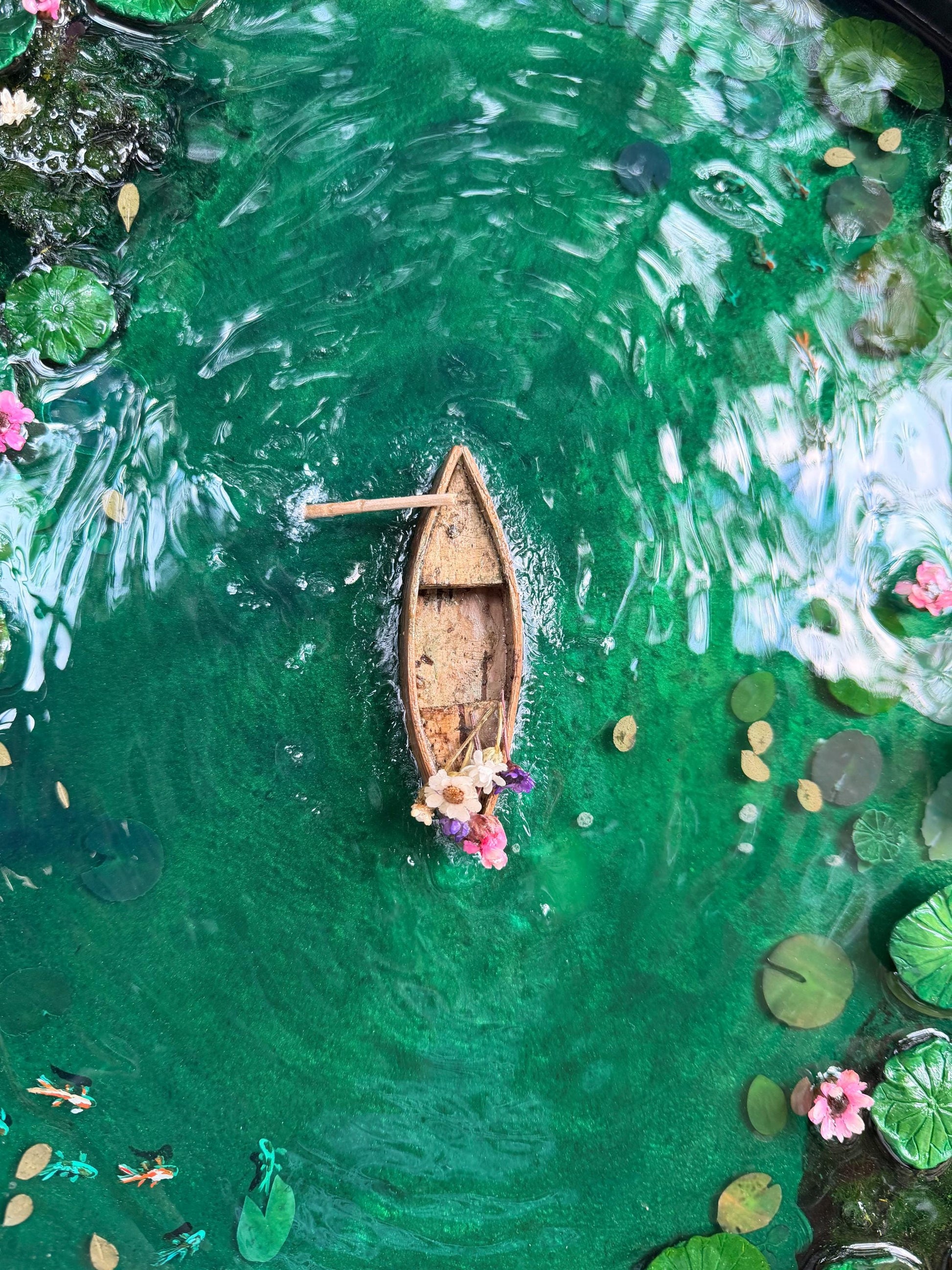 Handcrafted Resin Pond Art, Koi Fish, Lily Pads, Cork Boat (40cm x 40cm) mossartbyrishstudio