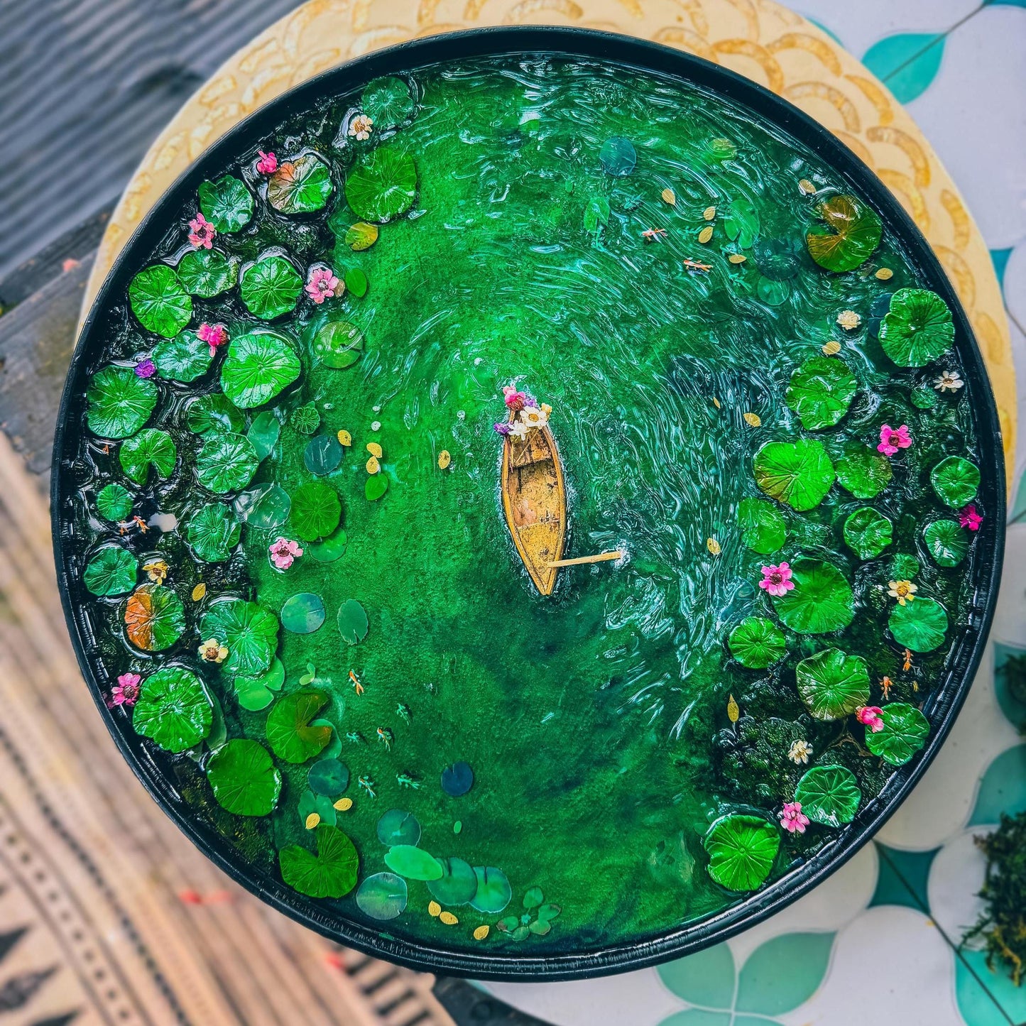Handcrafted Resin Pond Art, Koi Fish, Lily Pads, Cork Boat (40cm x 40cm) mossartbyrishstudio