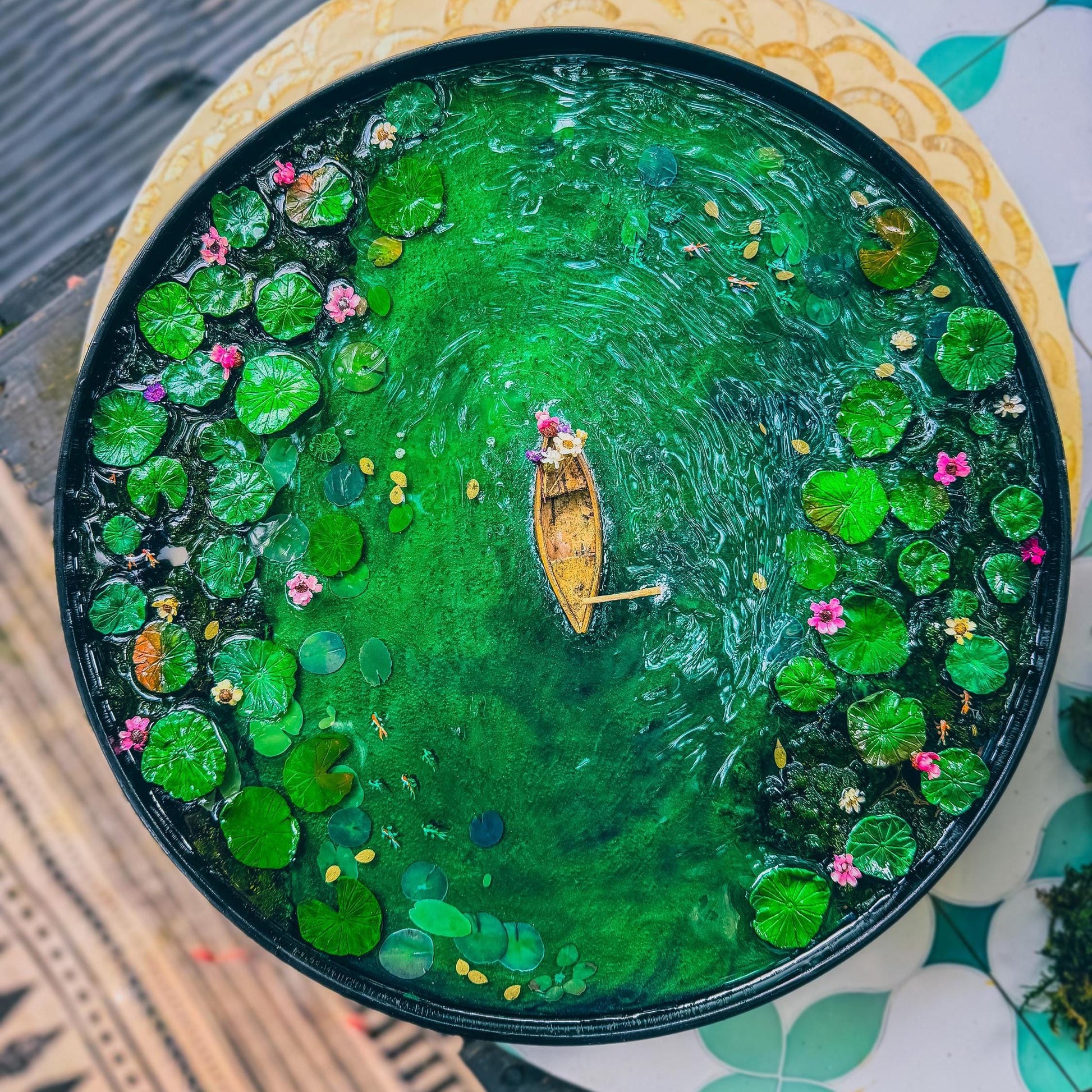 Handcrafted Resin Pond Art, Koi Fish, Lily Pads, Cork Boat (40cm x 40cm) mossartbyrishstudio