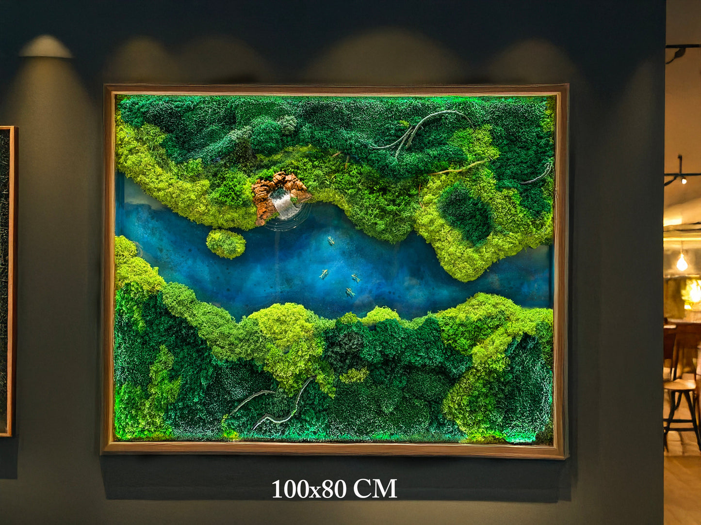 LED Moss Wall Art with Resin River - Preserved Moss & Koi Pond Decor RishStudio