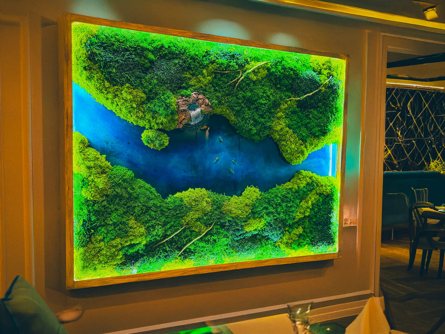 LED Moss Wall Art with Resin River - Preserved Moss & Koi Pond Decor RishStudio