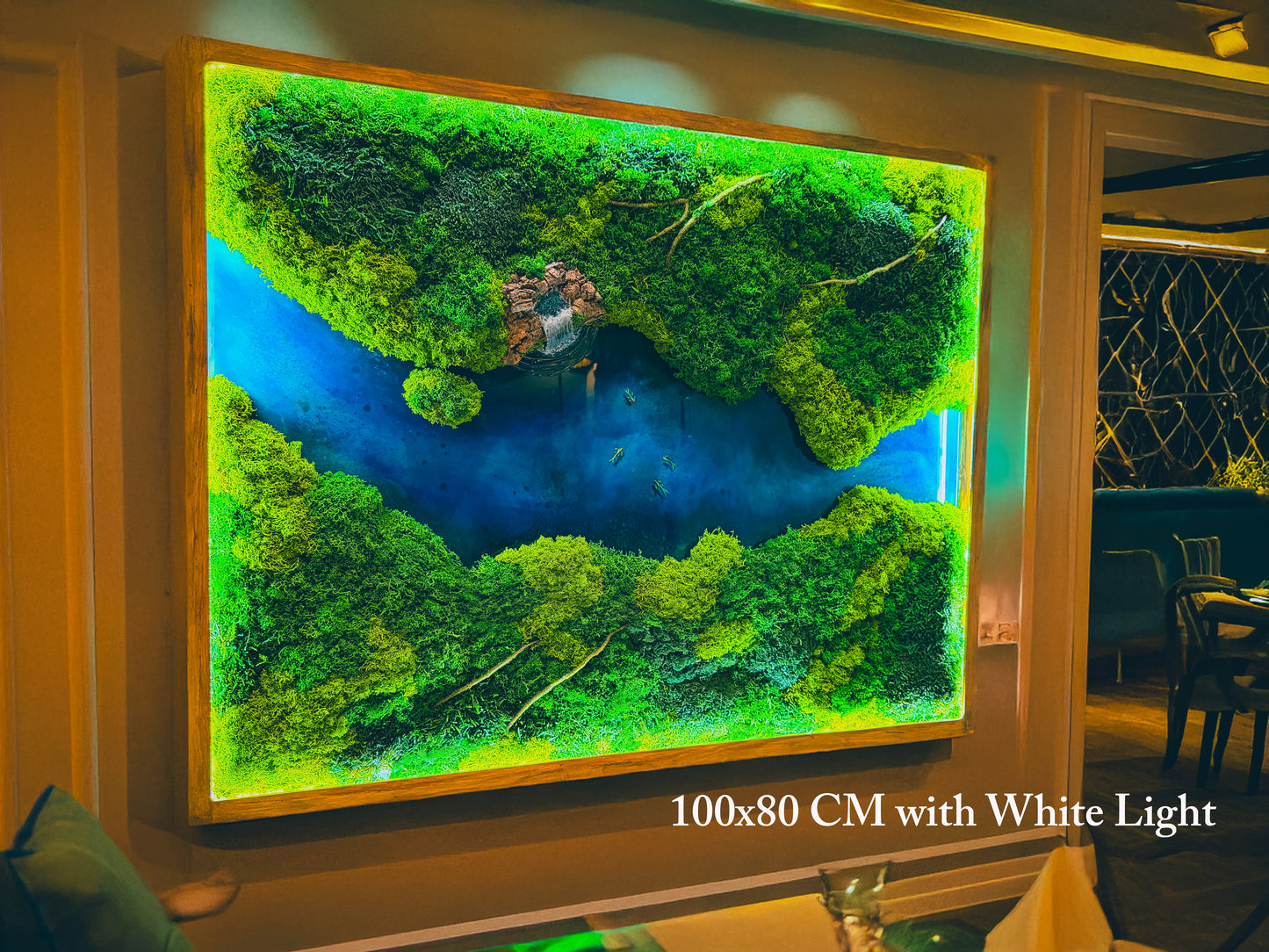 LED Moss Wall Art with Resin River - Preserved Moss & Koi Pond Decor RishStudio