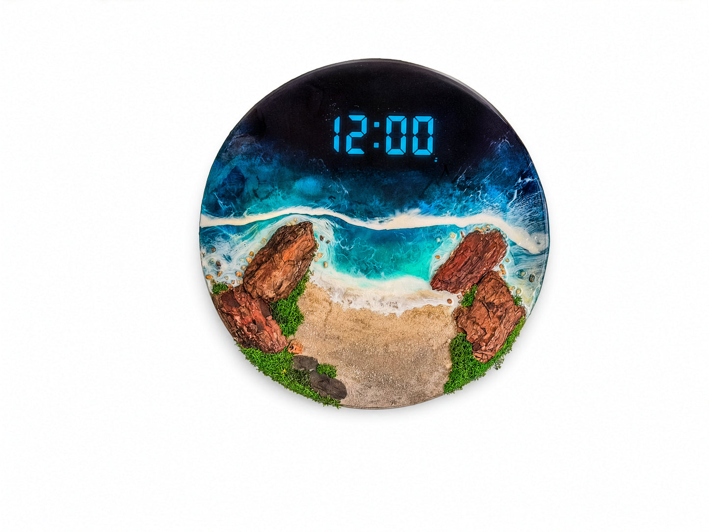 60cm Resin Ocean and Moss Digital Wall Clock | LED Wall Art RishStudio