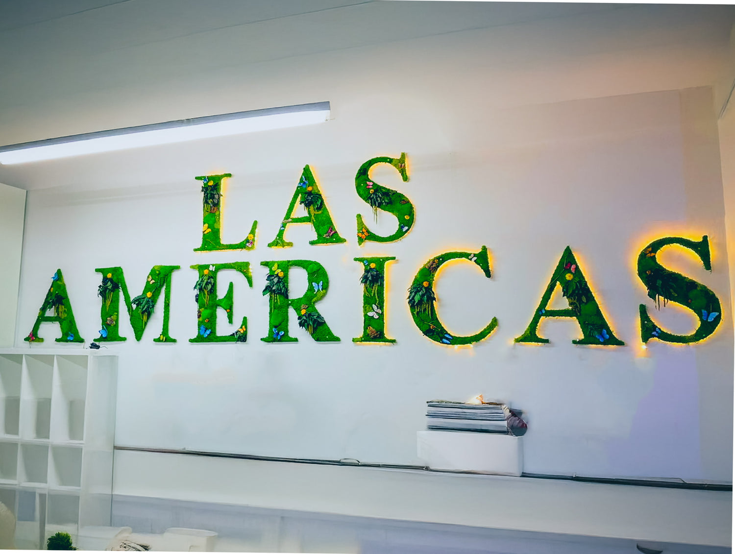 Large 'LAS AMERICAS' sign on a wall in an office setting