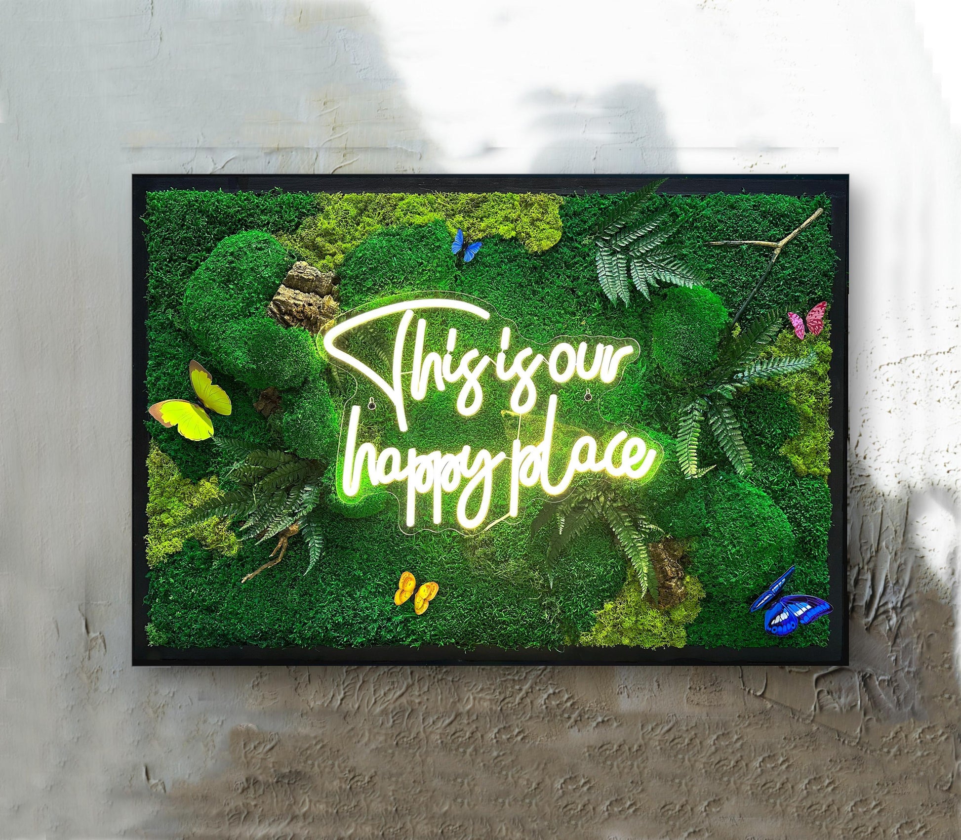 Moss wall art with Neon Lights, Living Moss Wall with Neon Sign