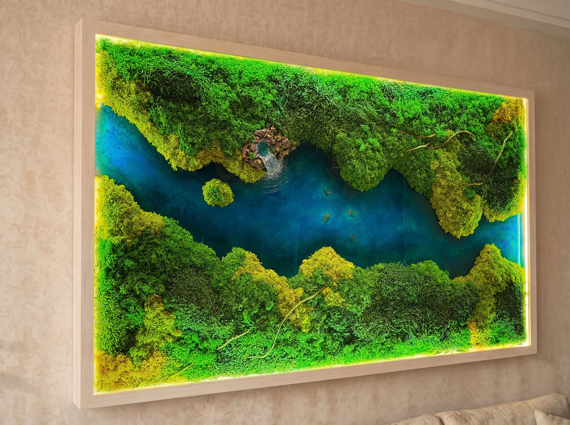 LED Moss Wall Art with Resin River | Preserved Moss & Koi Pond Decor | Handmade UK RishStudio