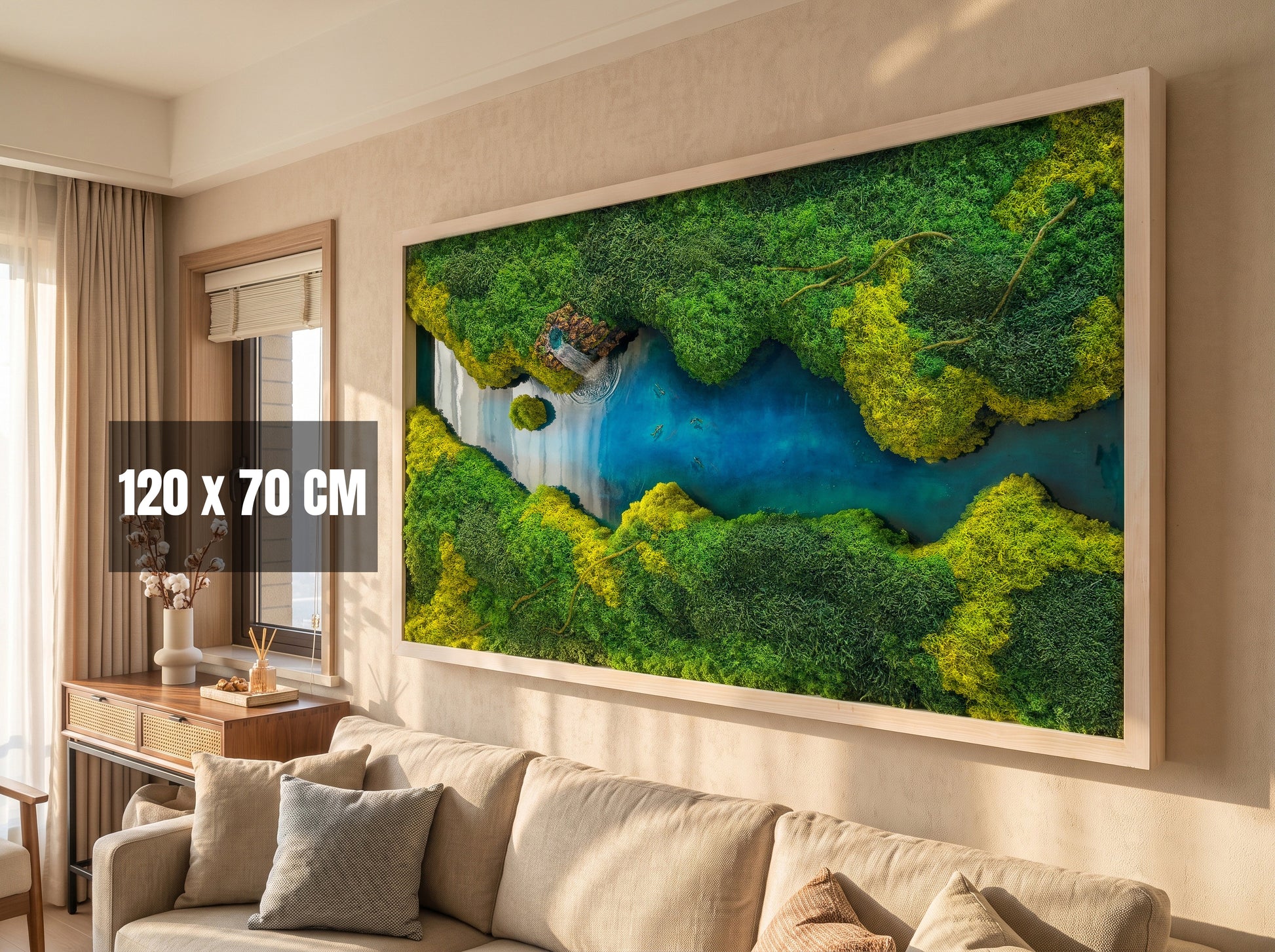 LED Moss Wall Art with Resin River | Preserved Moss & Koi Pond Decor | Handmade UK RishStudio