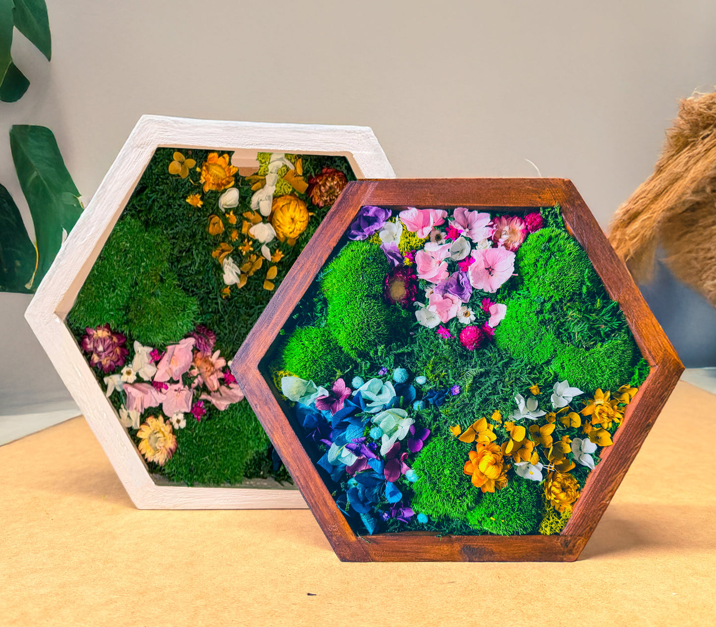 Hexagon Moss Wall Art | Preserved Moss & Dried Floral Frame | Biophilic Decor RishStudio