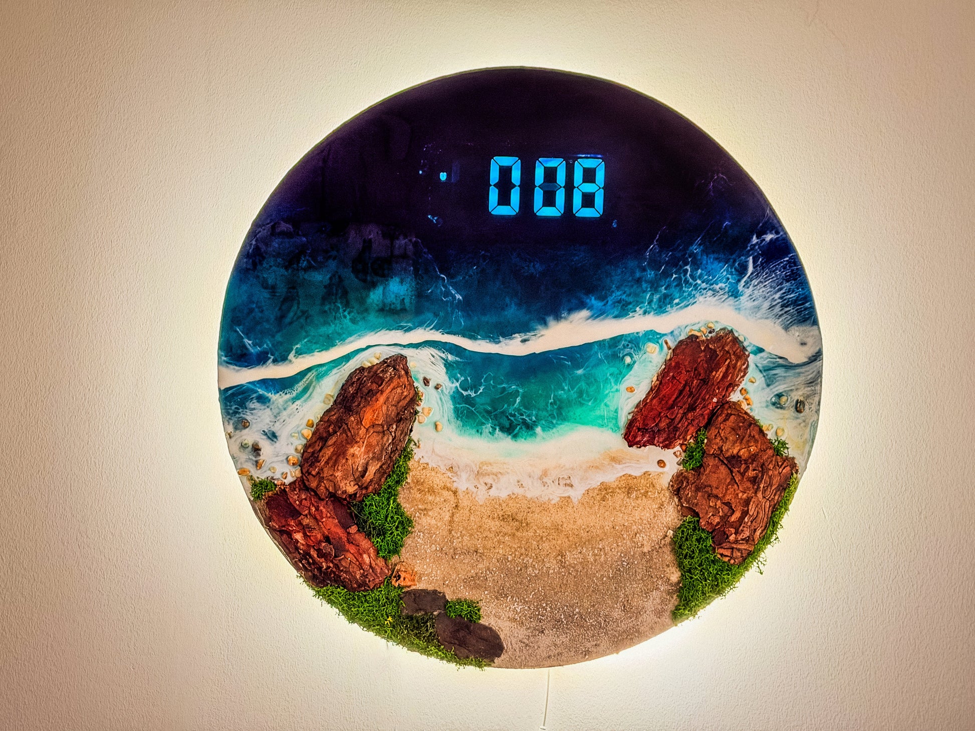 60cm Resin Ocean and Moss Digital Wall Clock | LED Wall Art RishStudio