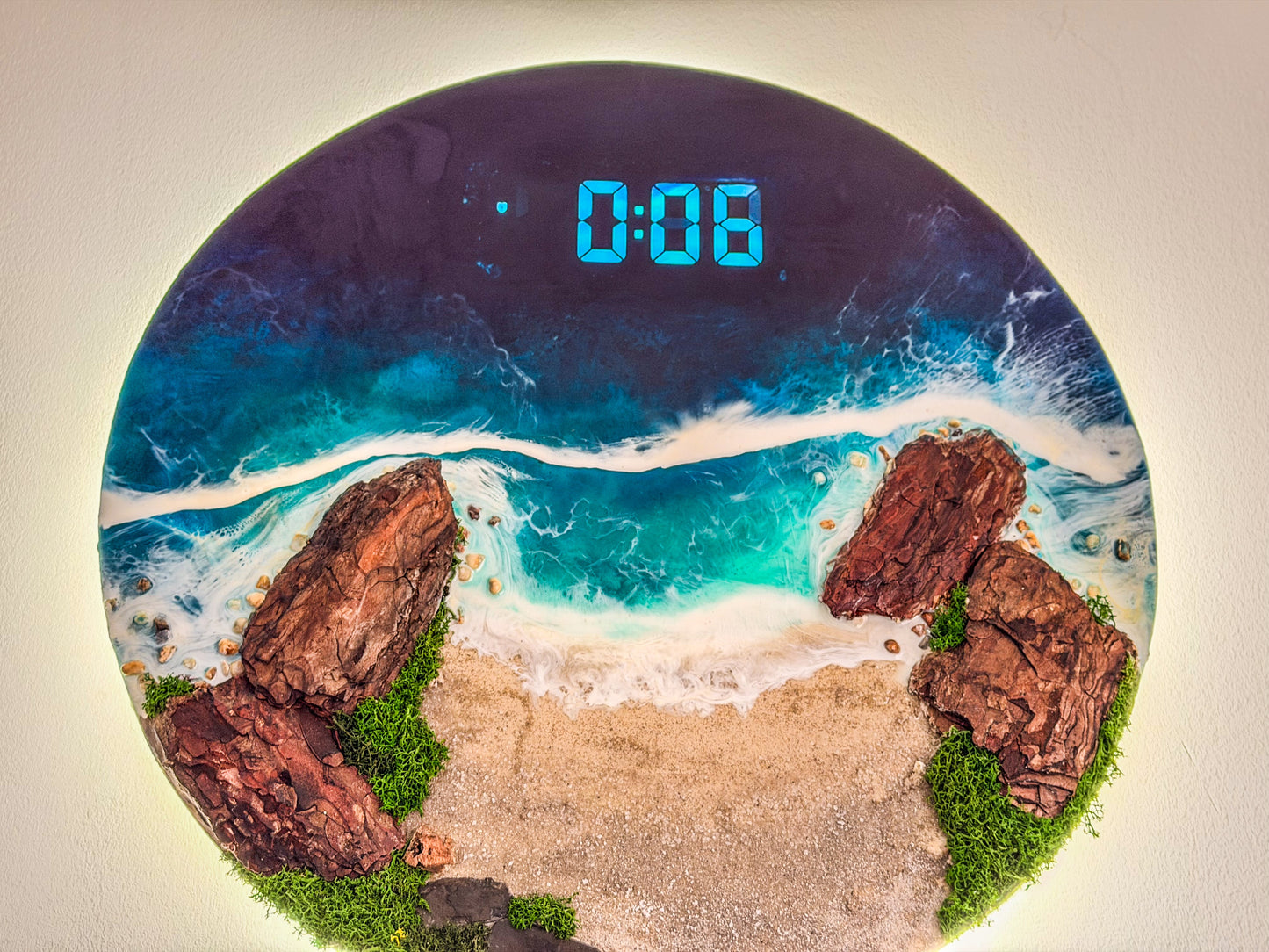 60cm Resin Ocean and Moss Digital Wall Clock | LED Wall Art RishStudio