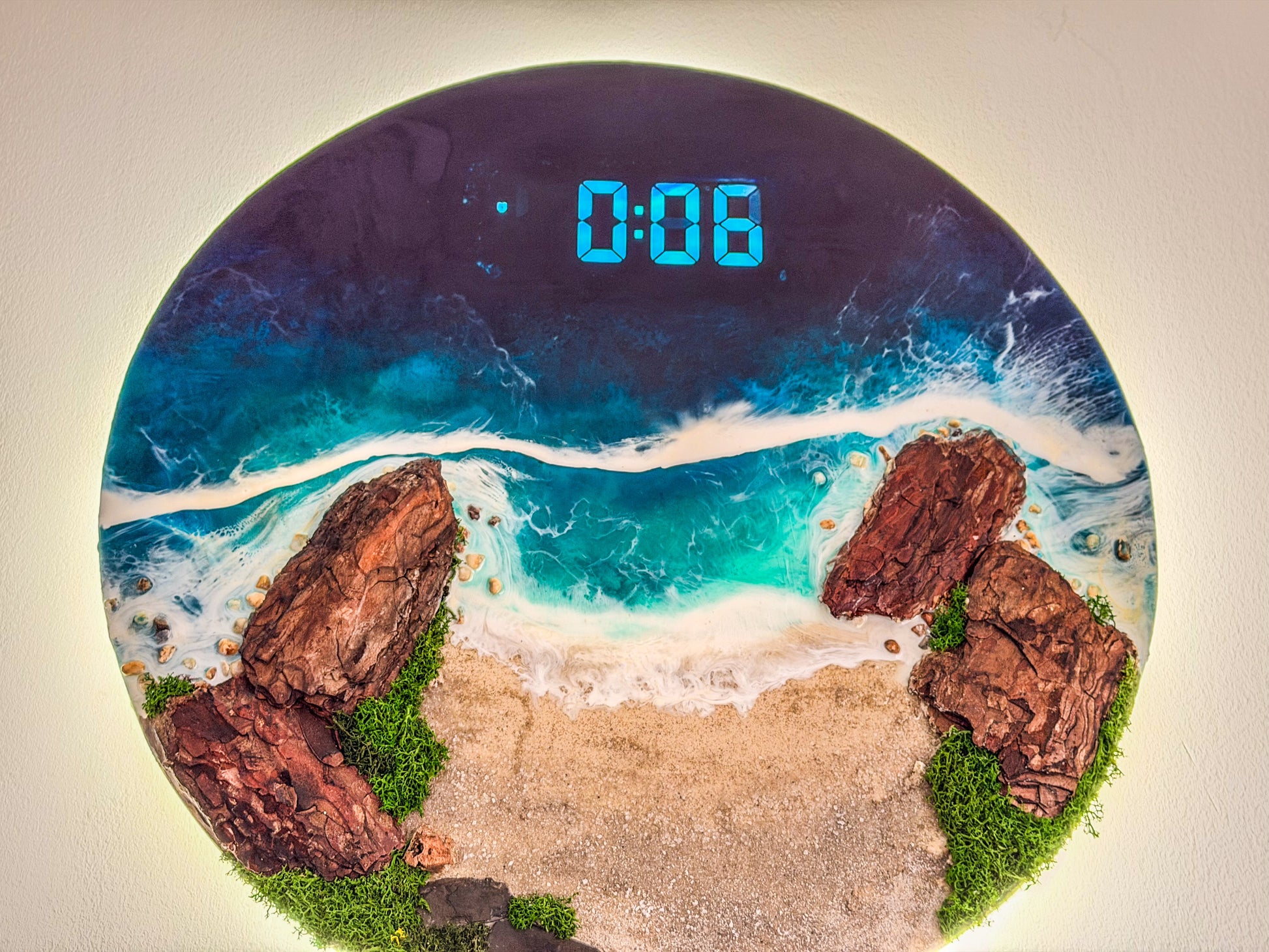 60cm Resin Ocean and Moss Digital Wall Clock | LED Wall Art RishStudio
