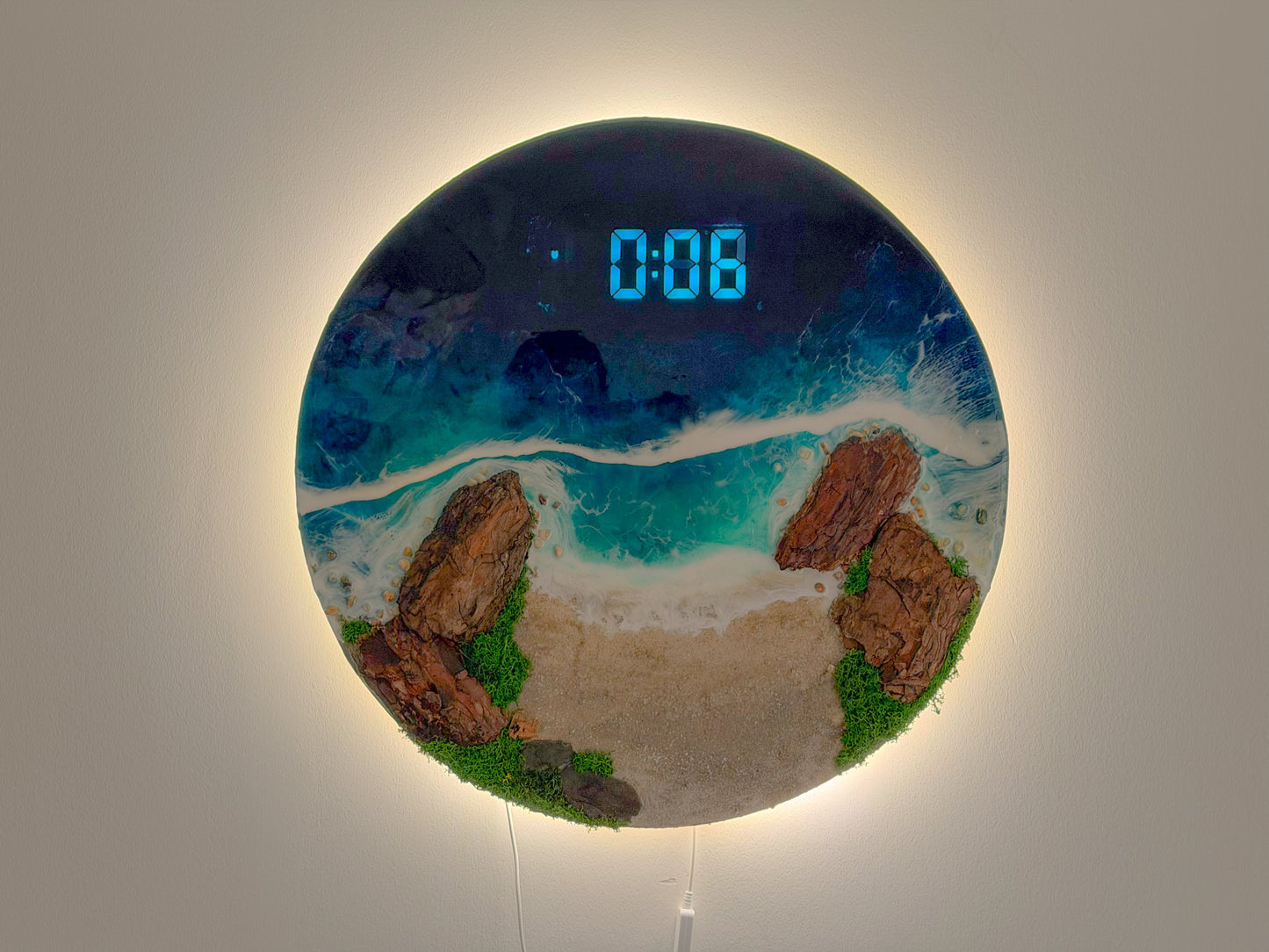 60cm Resin Ocean and Moss Digital Wall Clock | LED Wall Art RishStudio