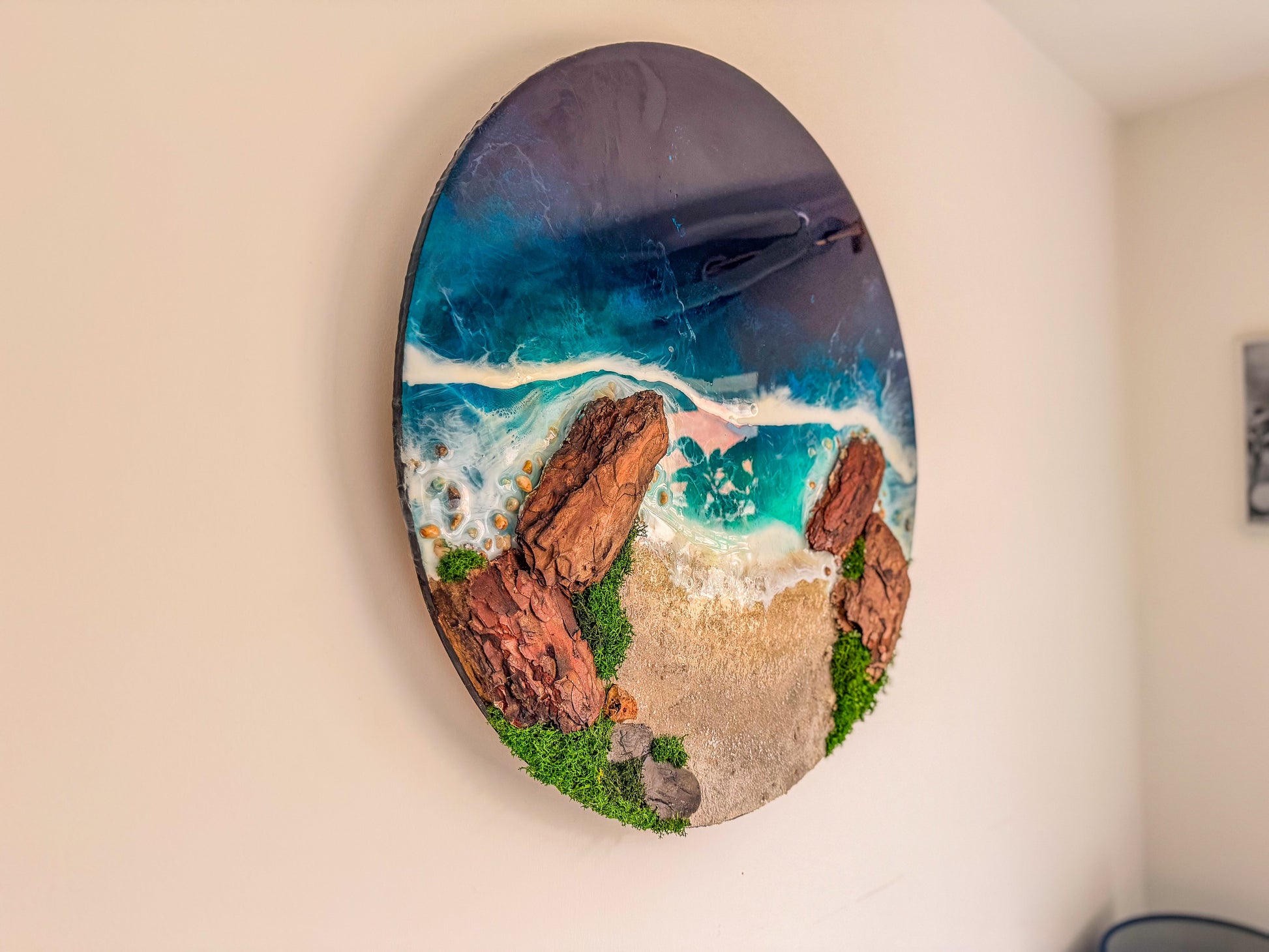 60cm Resin Ocean and Moss Digital Wall Clock | LED Wall Art RishStudio