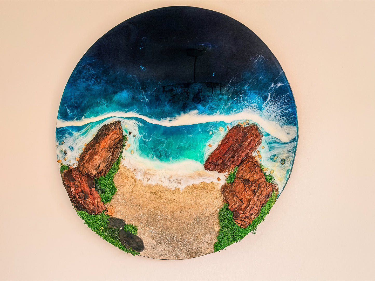 60cm Resin Ocean and Moss Digital Wall Clock | LED Wall Art RishStudio