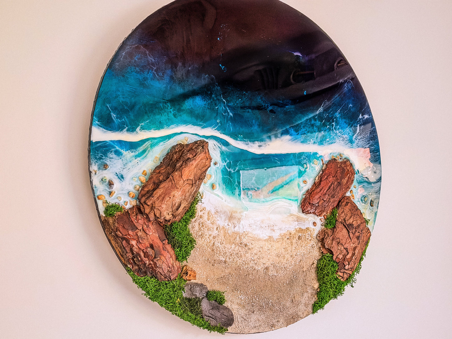 60cm Resin Ocean and Moss Digital Wall Clock | LED Wall Art RishStudio